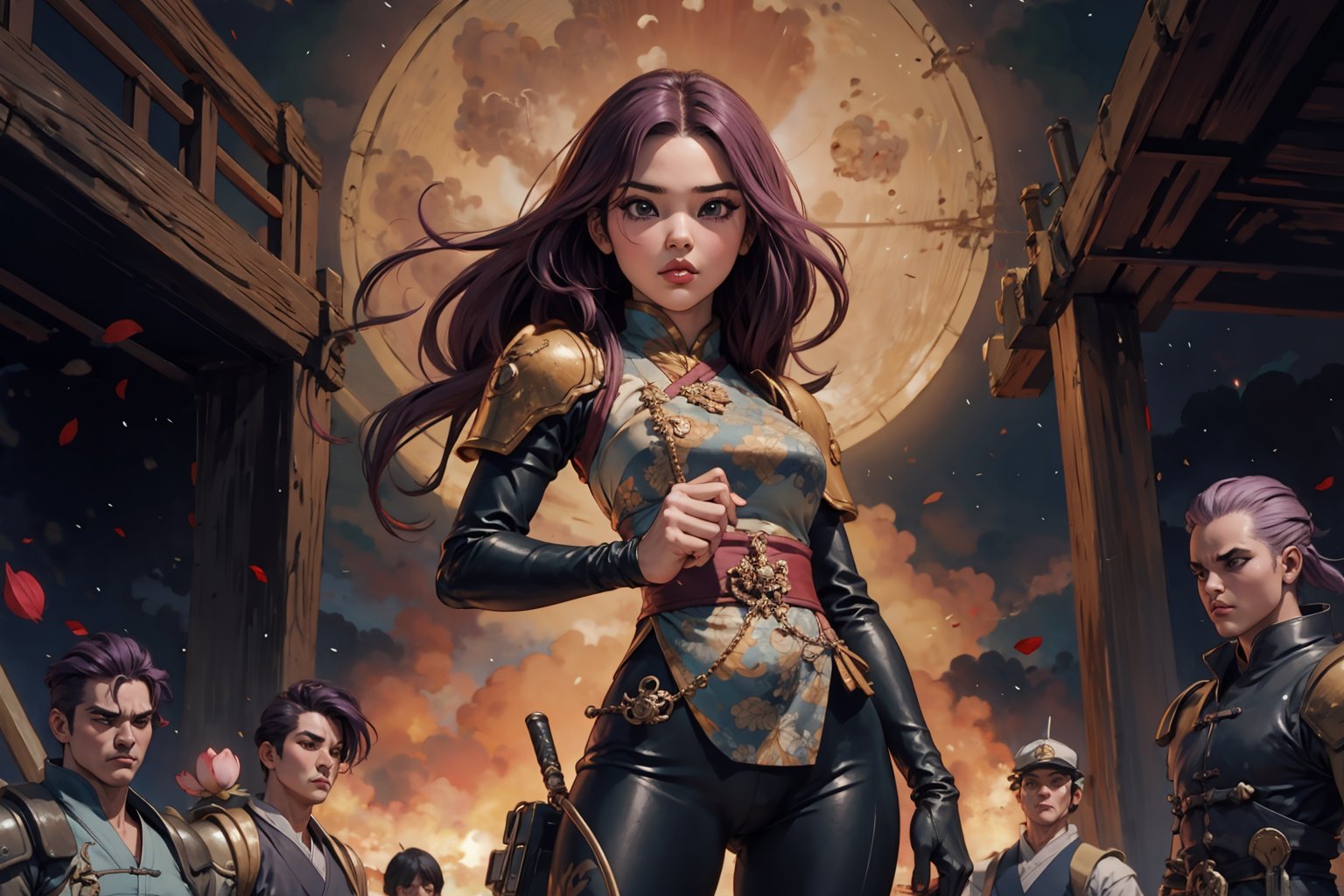 masterpiece, best quality, ultra detailed, UHD, detailed character design, In Chinese mythology, solo, 1girl, beauty, detailed face, delicate features, a look of determination, big eyes, pink lips, long curly hair, purple hair, tall and thin, (accurate body and hand anatomy), general, power armor, establishing shot, dynamic pose, heroic stance, command the armies, standing on the podium, training scene, ancient China style, boichi manga style