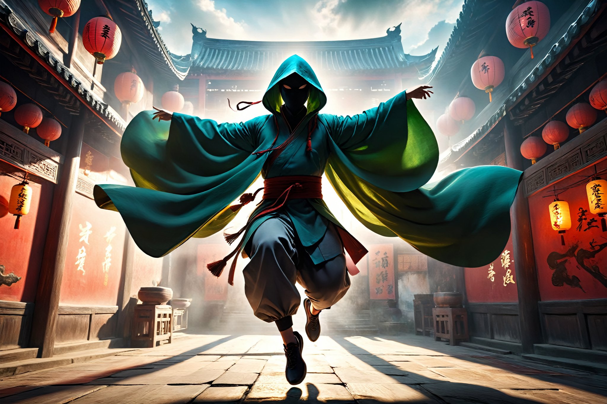 DonM5h4d0w5XL, masterpiece, extreme quality, ultra detailed, intricate, UHD, HDR, Chinese martial arts animation style, dramatic with an air of mystery and intrigue, a hooded cloak shadow, dynamic pose, vibrant, action-packed, (jump up, fly:1.5), from ground to the roof, outdoors, ancient China street, mysterious colorful background, 