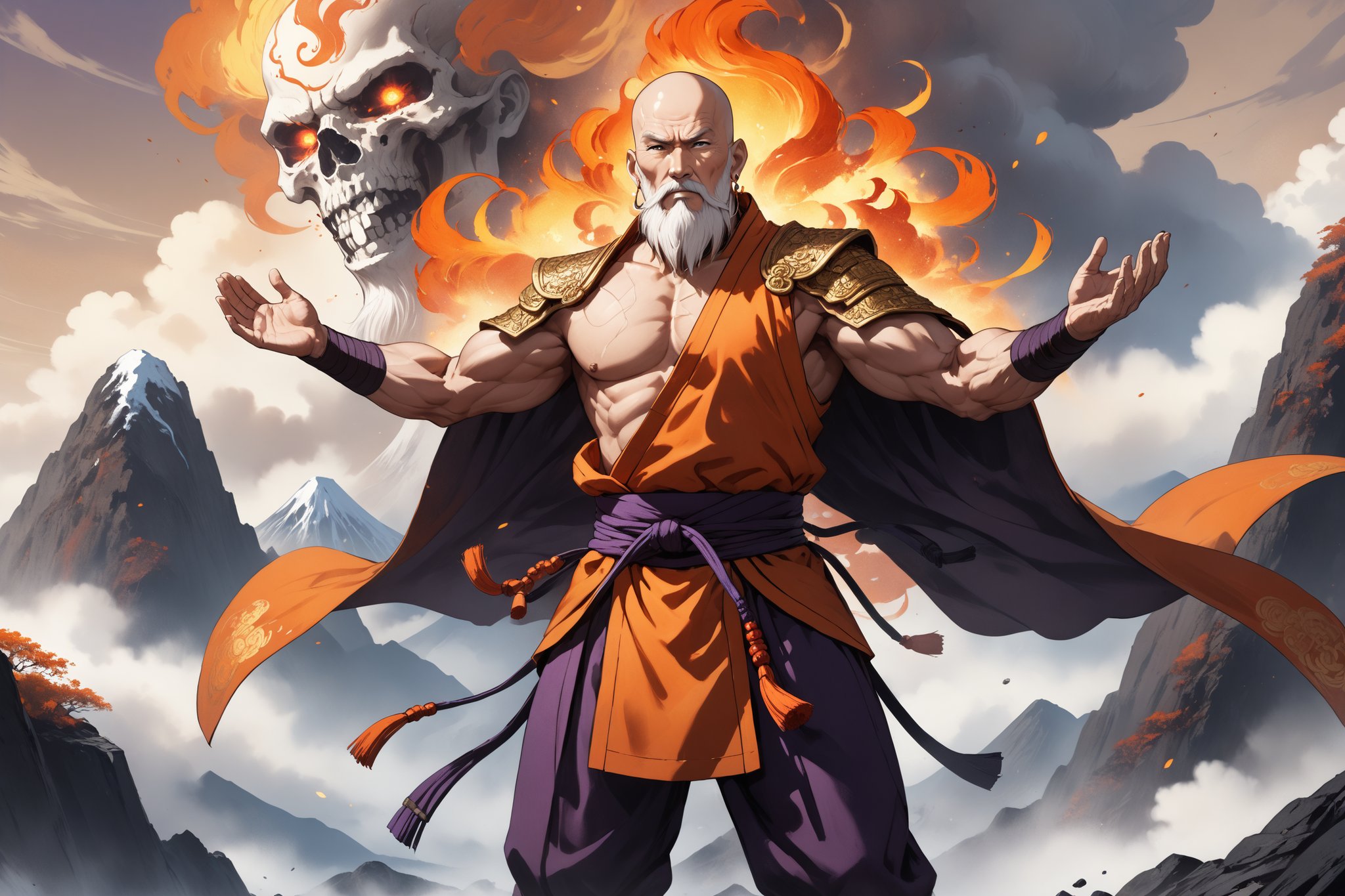 masterpiece, beautiful and aesthetic, ultra detail, intricate, 1male, solo, (60 years old, old man), detailed character design, warrior monk, godlike, domineer expression, bead_earrings, (full beard, white), bald, (short stature, muscular), (Kasaya of Shoulder-covering Style, orange), dark purple pants, (small magic flames on shoulders), (straight on), dynamic pose, (hands in prayer pose), standing on the peak, Chinese martial arts animation style, volcanos, mists