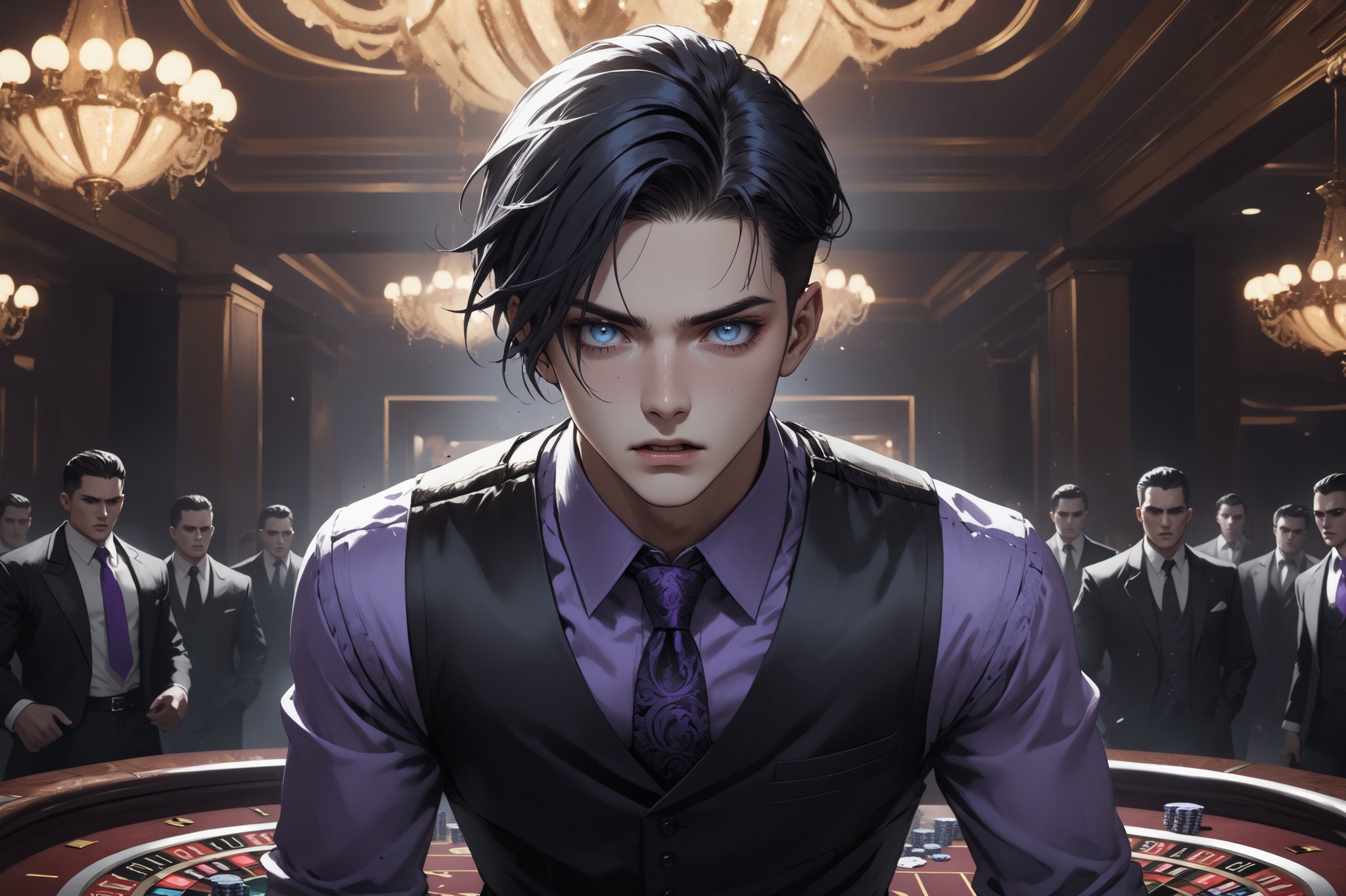 horror-themed {prompt} . eerie, unsettling, dark, spooky, suspenseful, grim, highly detailed, masterpiece, beautiful and aesthetic, ultra detail, intricate, 1male, solo, 23 years old, detailed character design, delicate face, (panic expression), light blue eyes, (dark hair, Classic Undercut), silver waistcoat, purple shirt, deep blue tie, (wide angle view), (grabbed by gansters:1.5), (struggle:1.5), in the casino 