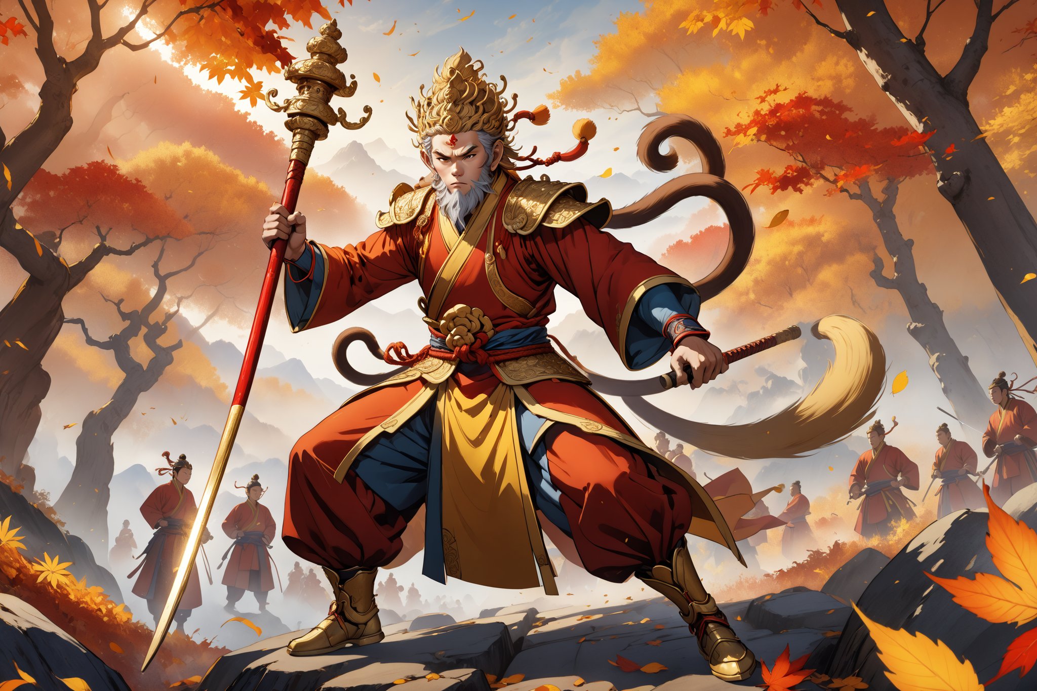 masterpiece, beautiful and aesthetic, ultra detail, intricate, 1male, solo, Monkey King, one of the chief characters in “Pilgrimage To The West”, detailed character design, red hafu, golden armor, he wields a golden cudgel, dynamic pose, Monkey King pose, Chinese martial arts animation style, outdoors, autumn leaves fluttering around, woods