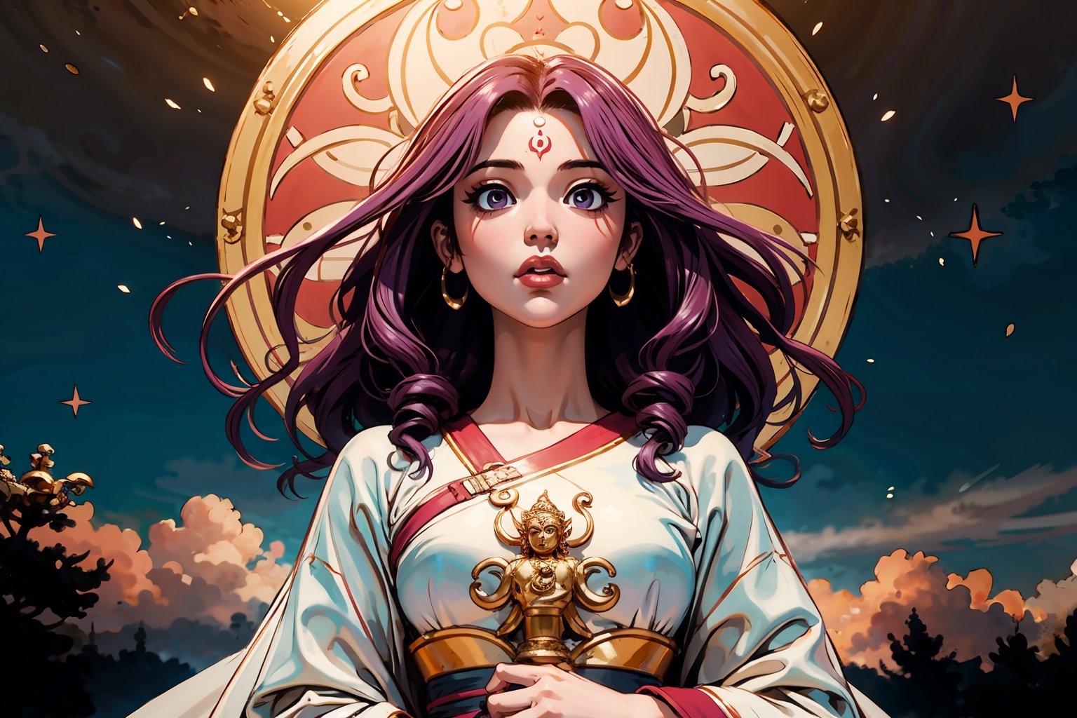 In Chinese mythology, solo, 1girl, beauty, detailed face, delicate features, serene expression, divine, big eyes, pink lips, long curly hair, purple hair, tall and thin, ethereal glow, celestial aura, warrior, armor, long robe, (digital masterpiece illustration concept art of porcelain statue of buddha gautama, varasana, padmasana), bathed in soft, ethereal/natural light, boichi manga style