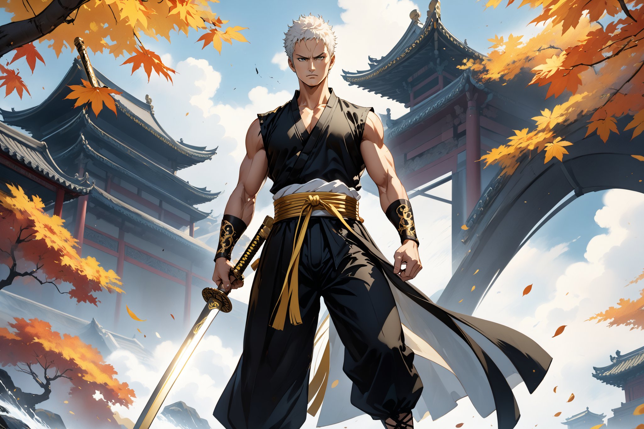 masterpiece, beautiful and aesthetic, ultra detail, intricate, 1male, solo, representation of the legendary martial artist, Roronoa Zoro features, detailed character design, serious expression, (white hair), exquisite body, strong abdominal muscles, (golden armlet:1.2), (black half gloves), black martial arts belt, (black Hanfu, sleeveless), black lace-up ankle brace, (he wields a single golden broadsword, unique and finely detailed), (from below:1.5), dynamic pose, he stands tall and resolute, exuding an air of strength and unwavering determination. Chinese martial arts animation style, autumn leaves fluttering around, Inspired by Chinese mythology story