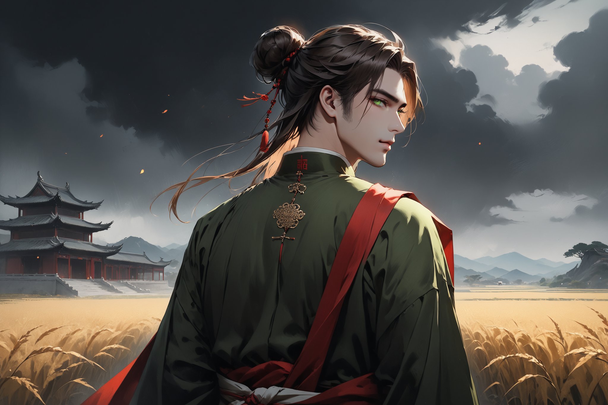 Dark Moody Atmosphere, {prompt}, dramatic, mysterious, dark moody atmosphere, masterpiece, beautiful and aesthetic, ultra detail, intricate, 1male, solo, 23 years old, detailed character design, delicate face, (evil expression), light green eyes, (wry smile), brown long hair, a bun, red hanfu, (full shot:1.5), (looking back:1.5), dynamic pose, (carrying a cloth bag on back:1.5), field, ancient China