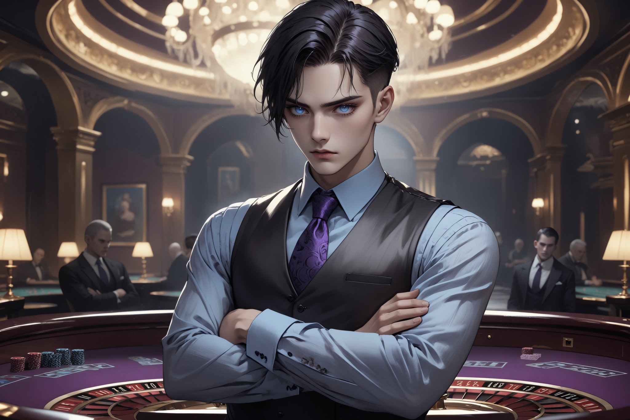 horror-themed {prompt} . eerie, unsettling, dark, spooky, suspenseful, grim, highly detailed, masterpiece, beautiful and aesthetic, ultra detail, intricate, 1male, solo, 23 years old, detailed character design, delicate face, serious expression, light blue eyes, (dark hair, Classic Undercut), silver waistcoat, purple shirt, deep blue tie, (crossed arms:1.5), dynamic pose, domineering, in the casino 