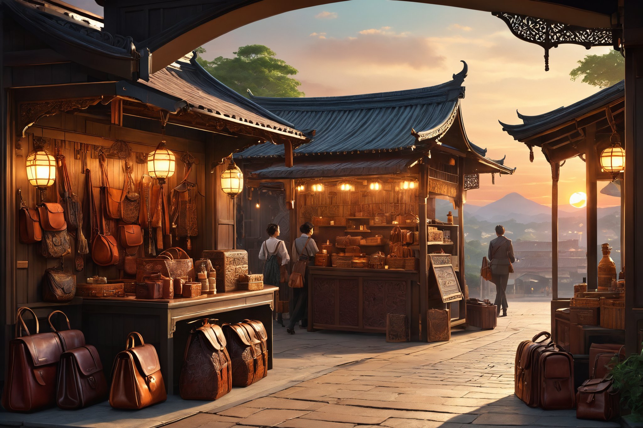 masterpiece, beautiful and aesthetic, ultra detail, intricate, detailed character design, (describe the scene of a stall, leather bags, leather purses), sunset