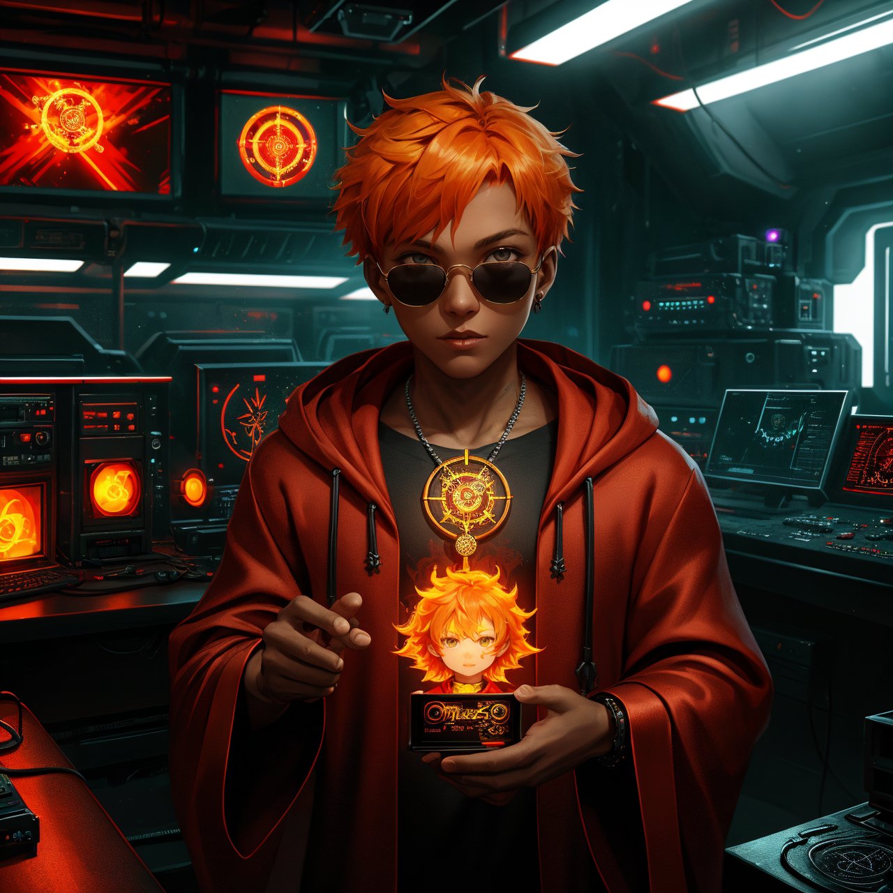 A striking solo portrait of a youthful boy with vibrant orange hair, donning sleek sunglasses and wrapped in a bold red robe. His features are rendered in exquisite detail, with correct anatomy and photorealistic texture. A series of flame tattoos adorn his skin, complemented by a distinctive flame pentagram necklace. In the background, a Taiji symbolizes destiny within a compact radio studio, where our subject is fully immersed in spinning tunes for listeners. The Cyberpunk atmosphere is palpable, with its blend of technology and mysticism.