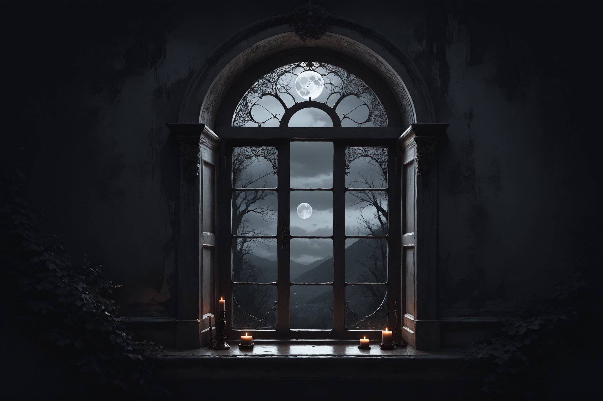 Dark Moody Atmosphere, {prompt}, dramatic, mysterious, dark moody atmosphere, masterpiece, beautiful and aesthetic, ultra detail, intricate, creating a picturesque view of window, open window, night moon