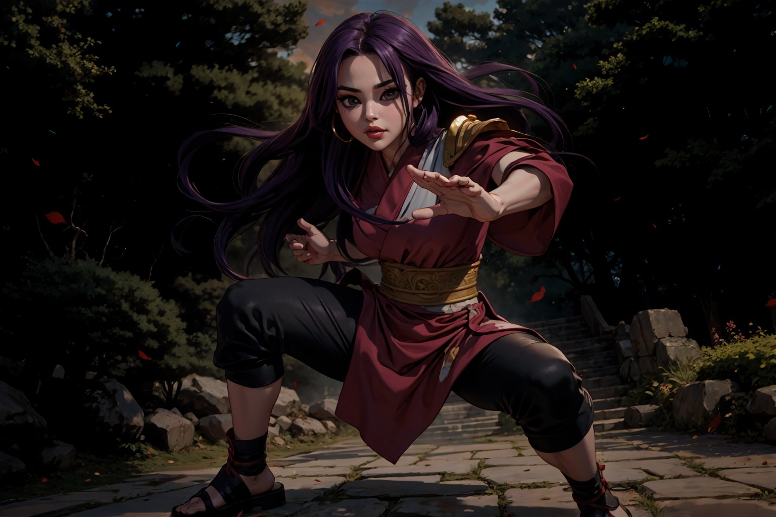 In Chinese mythology, solo, 1girl, big eyes, pink lips, long curly hair, purple hair, tall and thin, warrior, armor, long robe, dynamic pose, action-packed, practice Kung Fu, Chinese martial arts, outdoors, under sunshine, ancient China style, boichi manga style