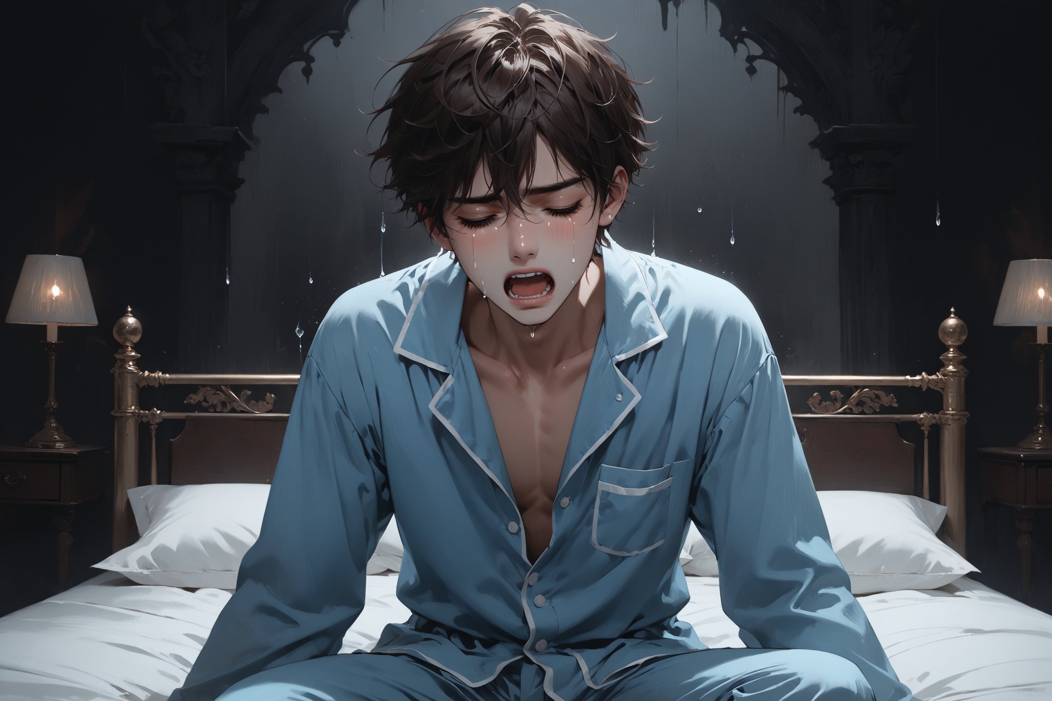 Dark Moody Atmosphere, {prompt}, dramatic, mysterious, dark moody atmosphere, masterpiece, beautiful and aesthetic, ultra detail, intricate, 1male, solo, 23 years old, detailed character design, delicate face, (grief expression), eyes closed, (crying, tears), (open mouth, screaming), brown short hair, light blue pajamas, (full shot:1.5), dynamic pose, (hands up), kneeling on bed