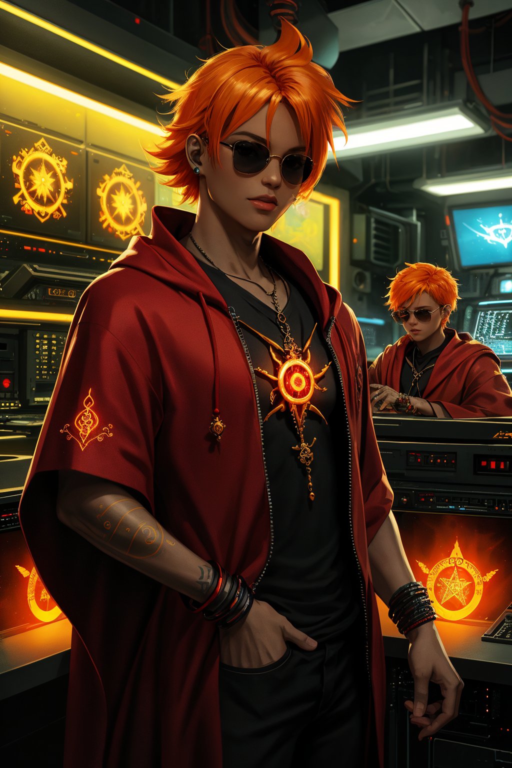 A striking solo portrait of a youthful boy with vibrant orange hair, donning sleek sunglasses and wrapped in a bold red robe. His features are rendered in exquisite detail, with correct anatomy and photorealistic texture. A series of flame tattoos adorn his skin, complemented by a distinctive flame pentagram necklace. In the background, a Taiji symbolizes destiny within a compact radio studio, where our subject is fully immersed in spinning tunes for listeners. The Cyberpunk atmosphere is palpable, with its blend of technology and mysticism.