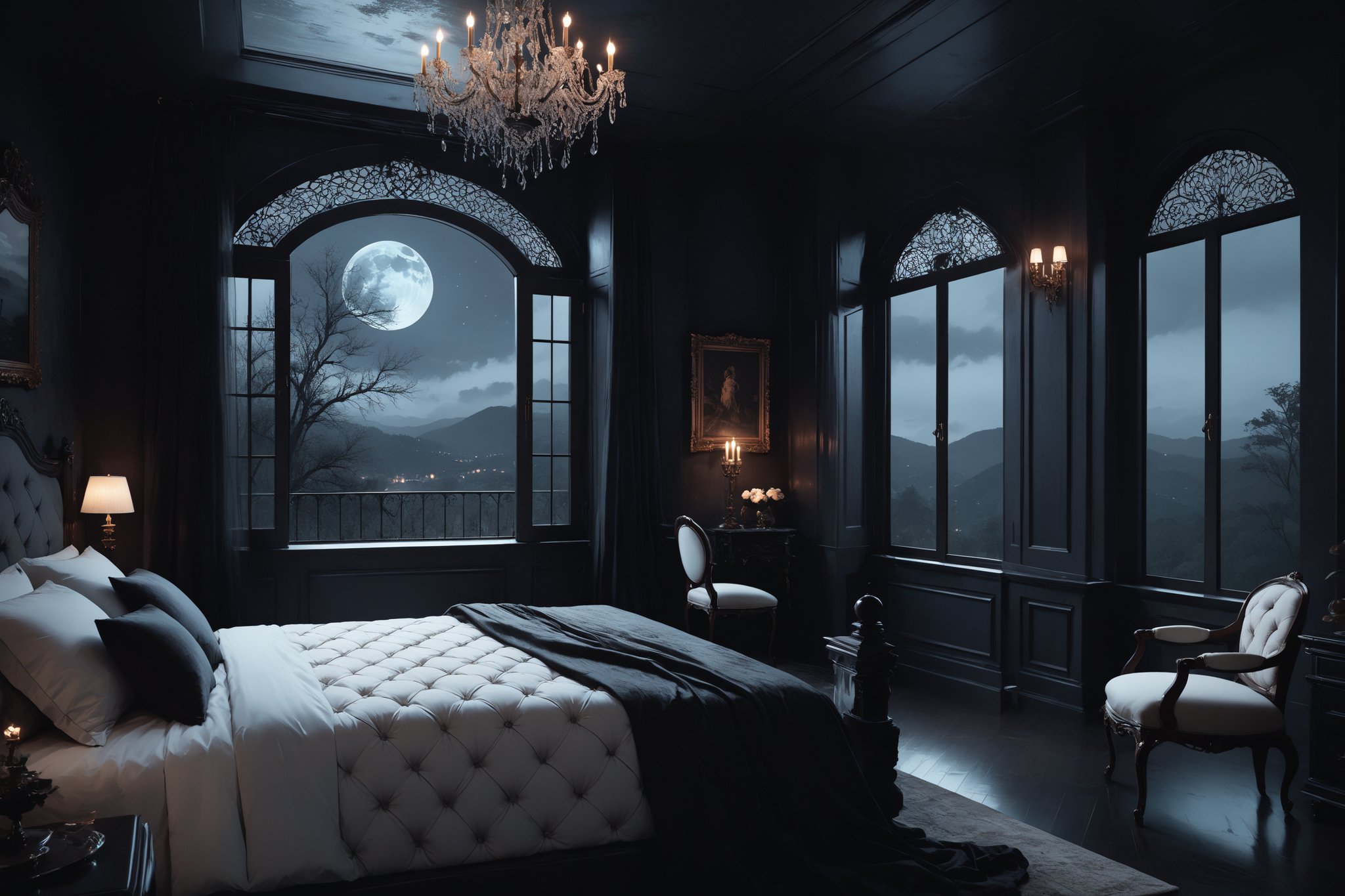 Dark Moody Atmosphere, {prompt}, dramatic, mysterious, dark moody atmosphere, masterpiece, beautiful and aesthetic, ultra detail, intricate, creating a picturesque view of bedroom, (window view, night moon)