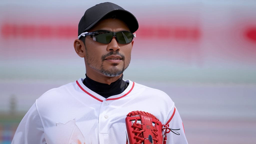 solo, 1male, Japanese, looking at viewer, shirt, hat, white shirt, upper body, male focus, parted lips, dark skin, blurry, black headwear, blurry background, facial hair, sunglasses, dark-skinned male, baseball cap, beard, sportswear, realistic, baseball uniform, baseball mitt