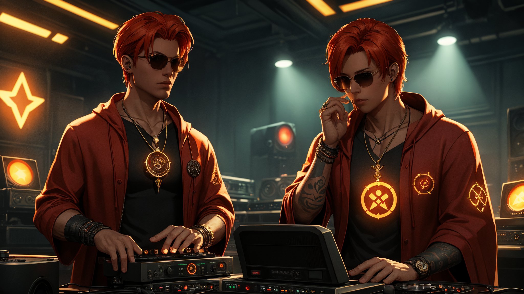 Solo, (1boy:1.5), exquisite details and texture, detailed face, anatomy correct, best quality, ultra detailed, photorealistic, (short hair, orange hair), sunglasses, headset, wore a red colored robe, cool, flame tattoos, flame pentagram necklace, he was a radio DJ, playing music for listeners in a tiny radio studio, symbolizing destiny, Cyberpunk style