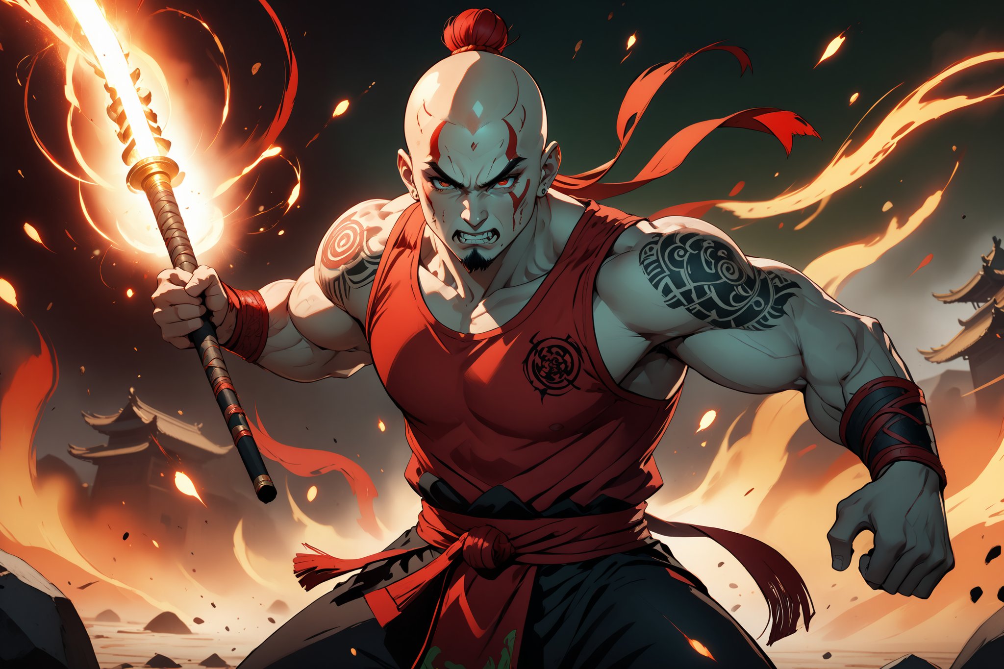 masterpiece, beautiful and aesthetic, ultra detail, intricate, 1male, solo, Berserker, Chinese mythology story, broad cheeks, (face burn scar), fierce expression, Buck-toothed, (thick eyebrows, red eyebrows), big eyes, aquiline nose, (bald, a red bun), (light green skin), (arm tattoo, tribal tattoo), giant, developed muscles, thick legs, barefoot, (red tank top), bracer, black pants, anklet, straight on, dynamic pose, powerful pose, the battle stance, Chinese martial arts animation style, sparks, battlefield scene