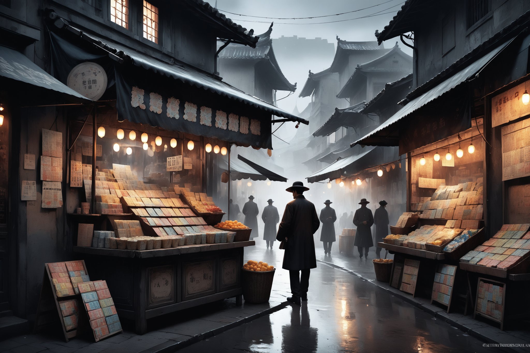 Dark Moody Atmosphere, {prompt}, dramatic, mysterious, dark moody atmosphere, masterpiece, beautiful and aesthetic, ultra detail, intricate, describing a street scene, a vendor selling lottery tickets