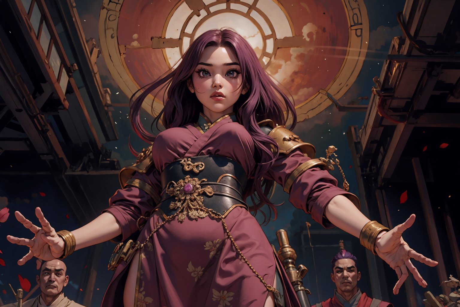 masterpiece, best quality, ultra detailed, UHD, detailed character design, In Chinese mythology, solo, 1girl, beauty, detailed face, delicate features, a look of determination, big eyes, pink lips, long curly hair, purple hair, tall and thin, (accurate body and hand anatomy), general, power armor, from below, dynamic pose, heroic stance, command the armies, standing on the podium, training scene, ancient China style, boichi manga style