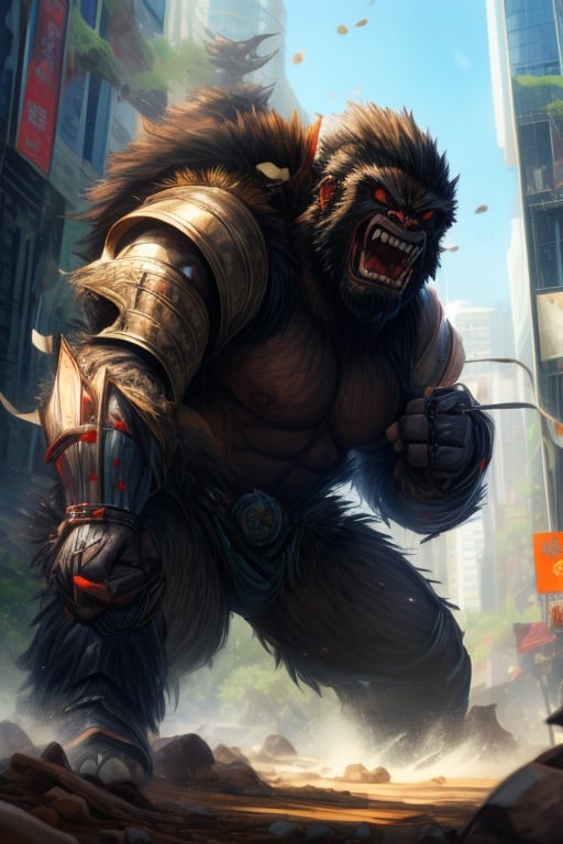 (King Kong , black hair , armor hyper , 2 hand , warrior power , angry face)  , on the figh with monster, background in the big city 