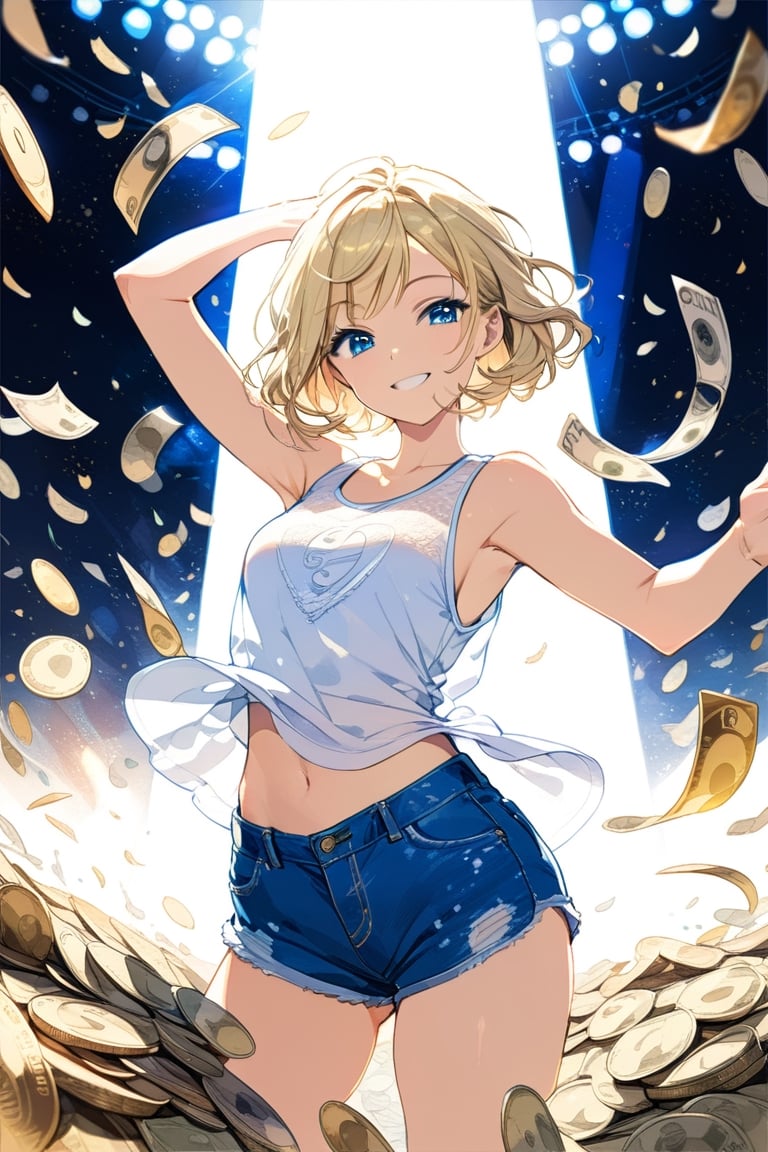 1boy,Short blonde hair, blue eyes, smiling, wear blue suite,in money in background,anime ,blonde hair ,(masterpiece, best quality:1.2), 1girl, solo,standing_split, 
long hair, White sleeveless tank top,blue denim shorts