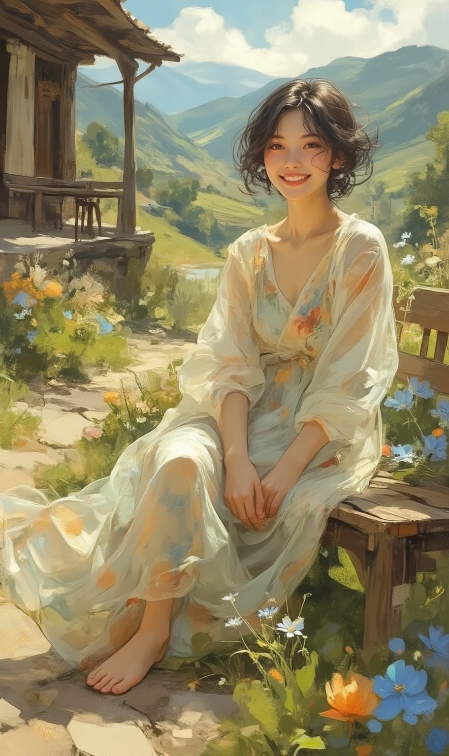 A radiant young Korean woman with short dark hair,  beaming with a warm smile,  sits confidently on a worn wooden bench ag...
