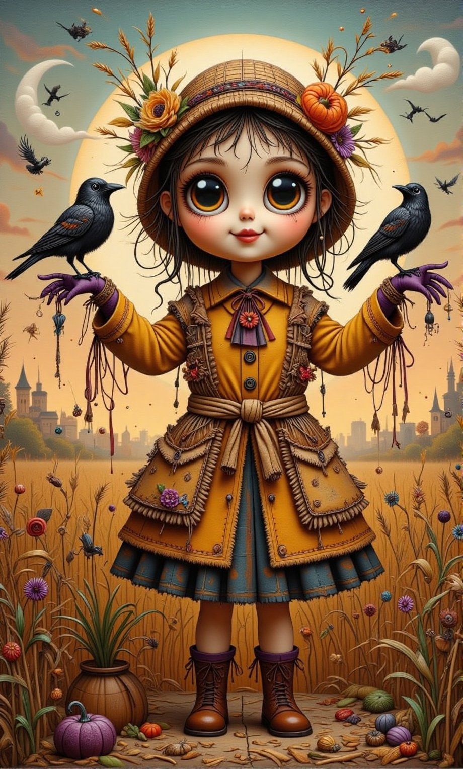 (Supernatural Portrait, Masterpiece, Dark Fantasy, Oil Painting, Painting), ,Upper body mid-shot, in the center of the frame is a litter girl dressed as a scarecrow, surrounded by a wide green barley field. The scarecrow, made of dry branches, dried flowers and straw, has a joyful expression and a happy smile, has smoky makeup, and wears an old and worn wide-brimmed straw hat that falls just below her eyebrows. She is wearing a vividly colored pearl yellow cotton shirt and purple velvet gloves, her arms are outstretched to the side, and two crows are sitting on her arms, which are very detailed and depicted. There is a sunset and natural light in the background. ,mythp0rt,Whimsical Kiko,Thriller illustration,Halloween_Figure,ZanyEyesStyle