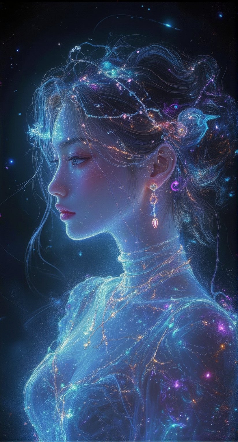 Phosphorescent entanglement art, real photos, cyberpunk woman performance art, gorgeous and clear jewelry, clear face texture, clear clothing texture, background fades to black, clear reflection on the ground, hdr,Crystal Glass,intricate portrait,Lighting Effect