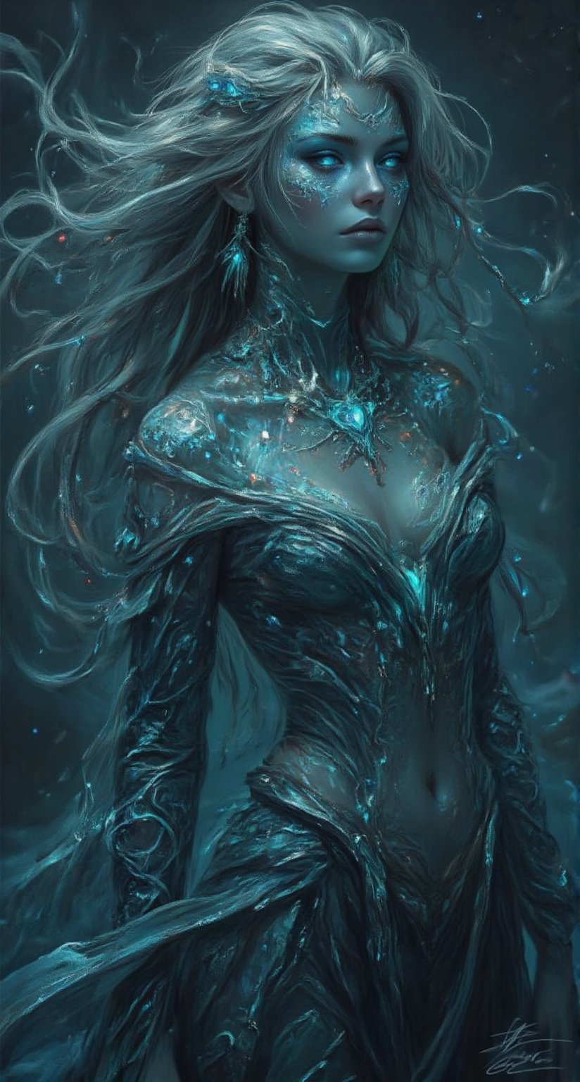 Imagine a mesmerizing female mythical creature known as the Siren of the Silver Seas. She embodies the essence of the ocean, with long, flowing hair that shimmers like the surface of water under the moonlight, infused with strands of bright coral and glistening pearls. Her skin is a soft iridescent hue, reminiscent of seashells, and her enchanting, luminous eyes reflect the deep blues and greens of the sea.,Fantasy drawing,Midjourney_Whisper