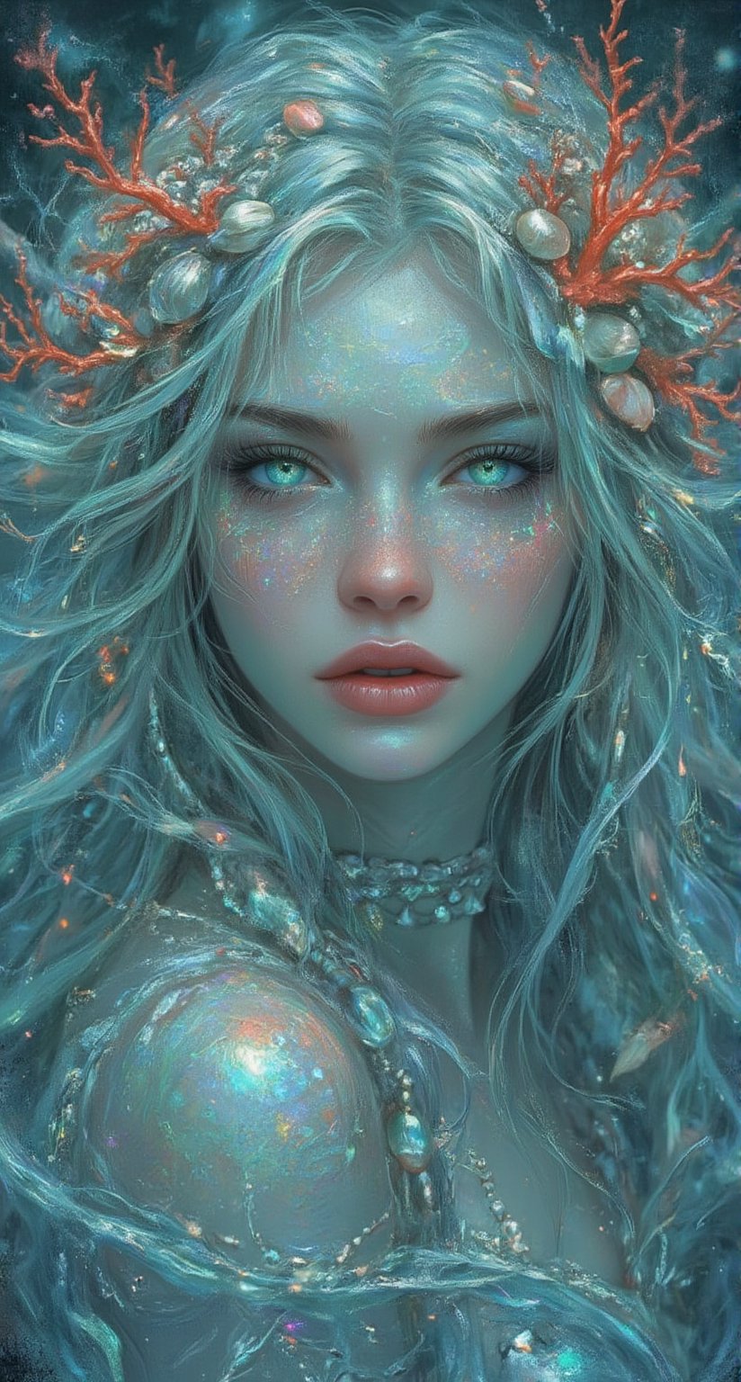 Imagine a mesmerizing female mythical creature known as the Siren of the Silver Seas. She embodies the essence of the ocean, with long, flowing hair that shimmers like the surface of water under the moonlight, infused with strands of bright coral and glistening pearls. Her skin is a soft iridescent hue, reminiscent of seashells, and her enchanting, luminous eyes reflect the deep blues and greens of the sea.,Fantasy drawing,Midjourney_Whisper