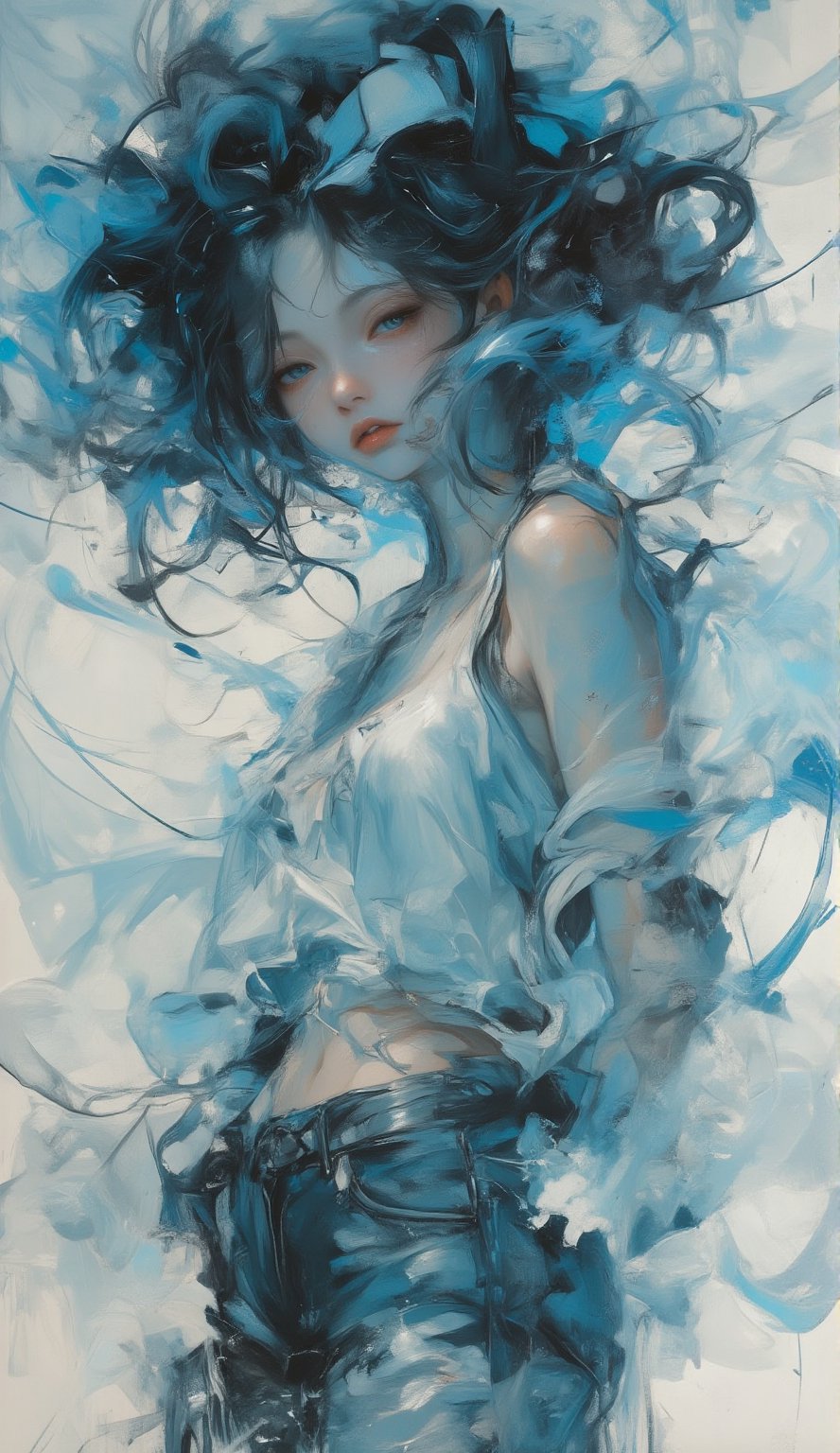 Transparent oil paint,  bold and rough,  with swirling and messy pale blue brushstrokes. Temperamental beautiful girl by u...