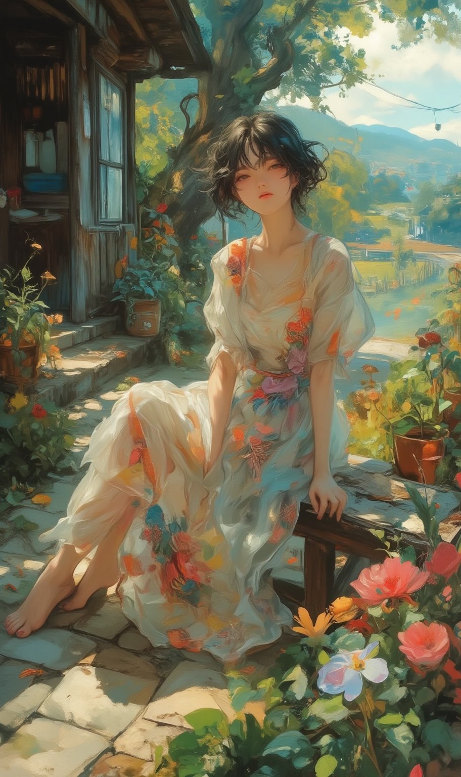A radiant young Korean woman with short dark hair,  beaming with a warm smile,  sits confidently on a worn wooden bench ag...