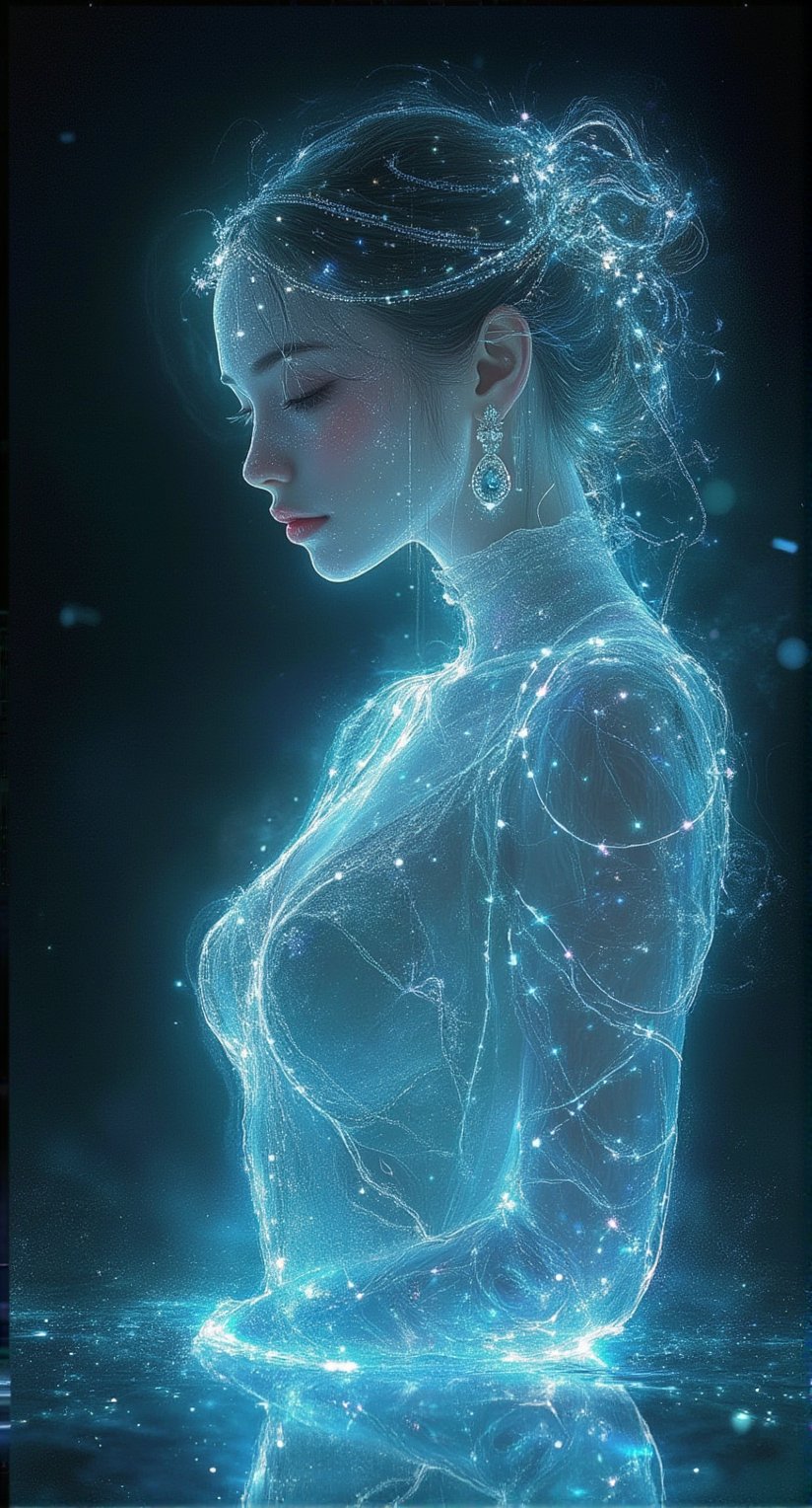 Phosphorescent entanglement art, real photos, cyberpunk woman performance art, gorgeous and clear jewelry, clear face texture, clear clothing texture, background fades to black, clear reflection on the ground, hdr,Crystal Glass,intricate portrait,Lighting Effect