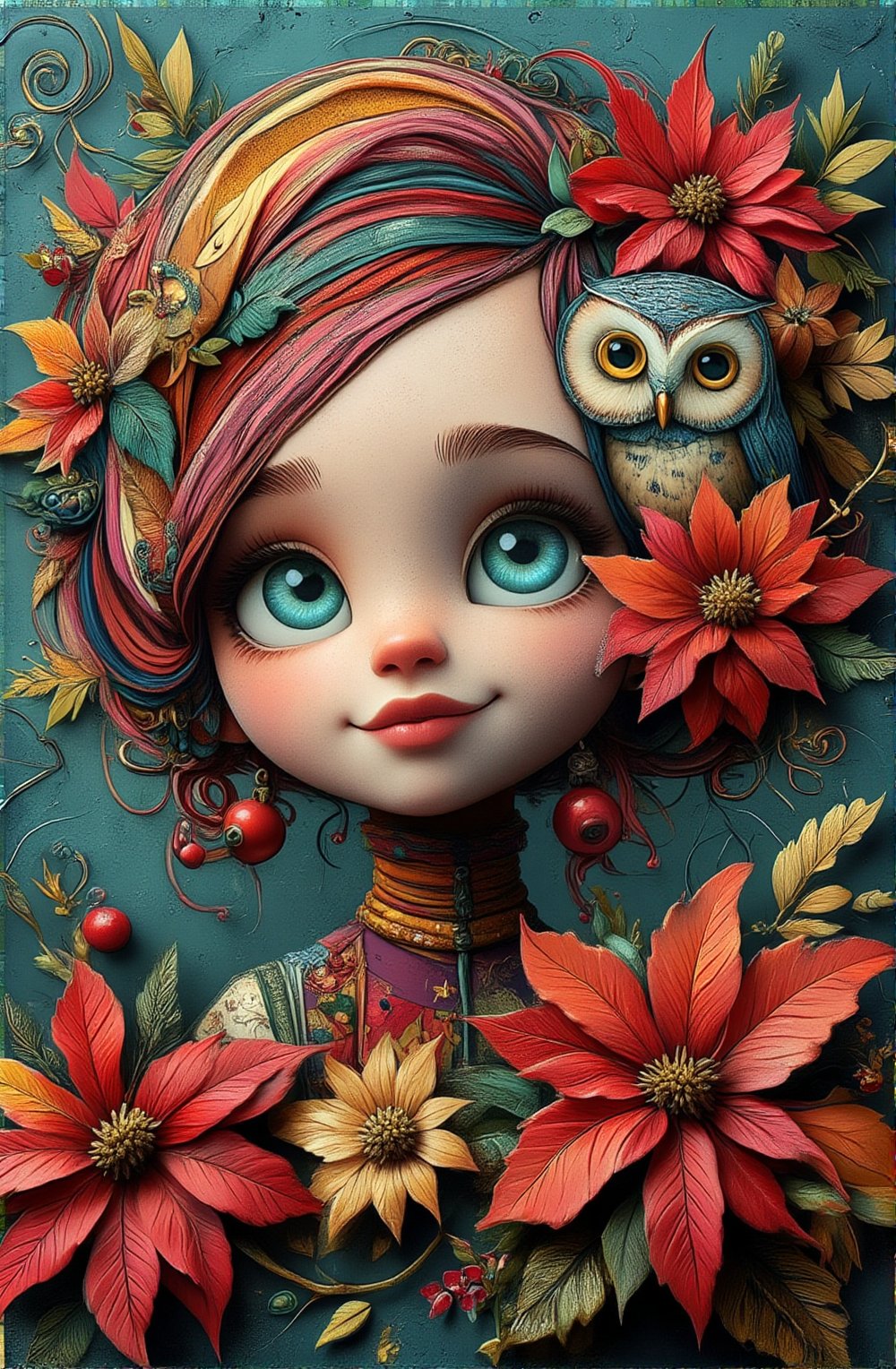 The whimsical plaster acrylic oil painting depicts a smiling girl and owl with vibrant and exquisitely detailed faces, featuring bold brushstrokes and layered textures. The contrast of chili red and teal tones makes the theme pop. Two-color poinsettia flowers, leaves, golden decoration for Christmas atmosphere,3d render