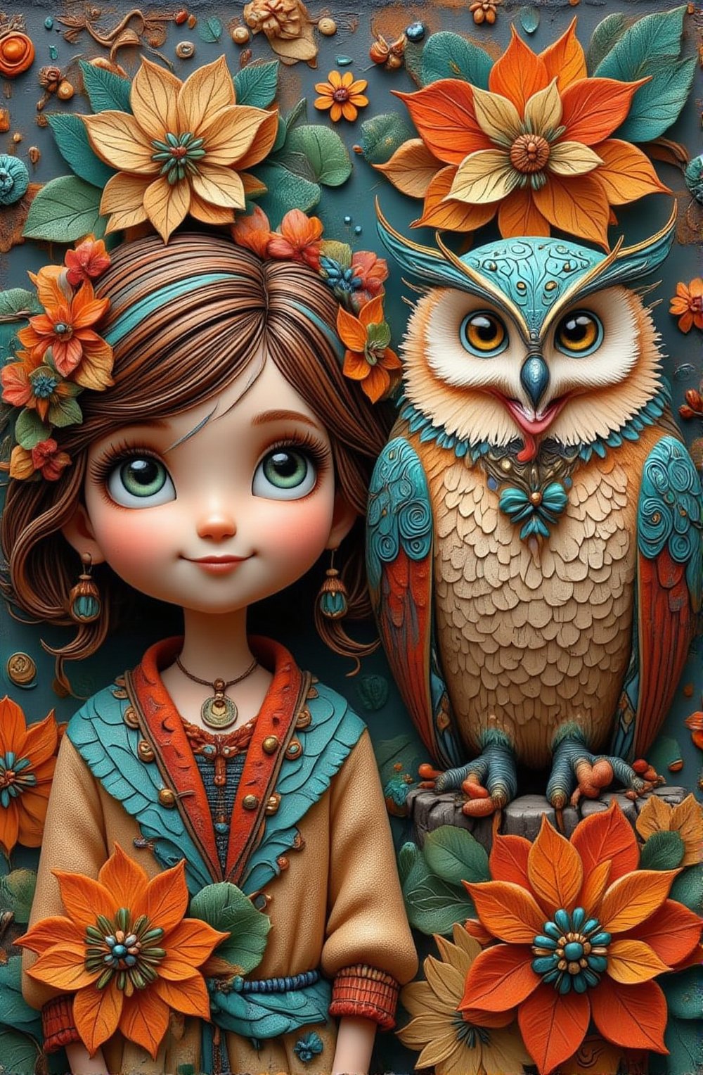 The whimsical plaster acrylic oil painting depicts a smiling girl and owl with vibrant and exquisitely detailed faces, featuring bold brushstrokes and layered textures. The contrast of chili red and teal tones makes the theme pop. Two-color poinsettia flowers, leaves, golden decoration for Christmas atmosphere,3d render,Highly detailed Halloween style figure,Halloween_Figure