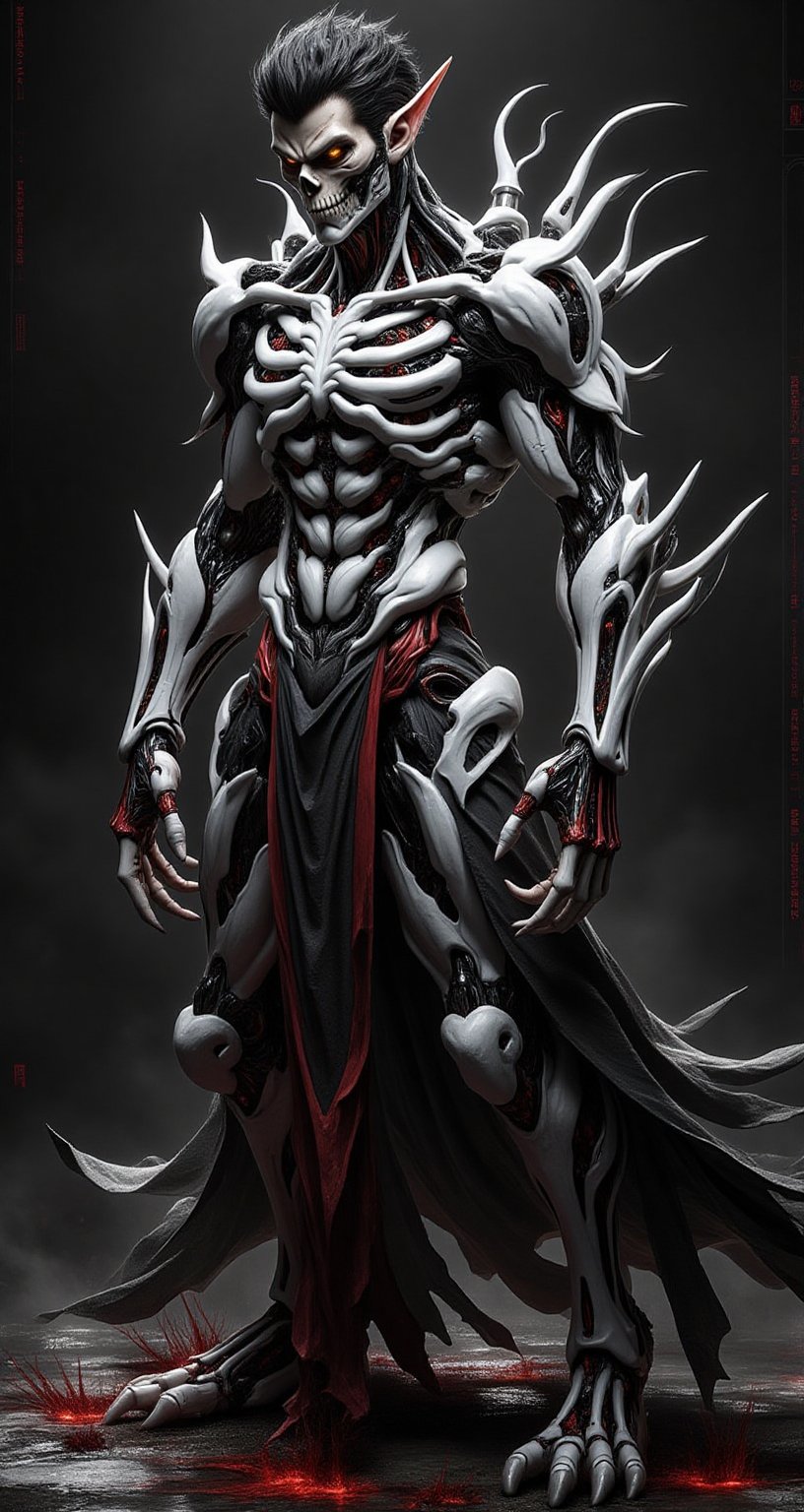 cyborg man fusion of human and skeletal machinery.  black hair and gold eyes. Pale skin contrasting with dark mechanical parts. Body partially covered in intricate bone-like structures and cybernetic enhancements. Skull motifs integrated into design. Long, claw-like fingers and sharp bone protrusions along arms and back. Ribcage visible, merging with technological components. Lower body features a mix of human legs and skeletal machine parts. Tattered black clothing partially covering body. Eerie, otherworldly aura. Pose emphasizing the melding of organic and mechanical elements. Dark background with subtle tech interface elements. Hyperdetailed textures of bone, metal, and circuitry. Color scheme primarily black, white, and grey with occasional red accents.,Skeleton,Wukong,hkevil