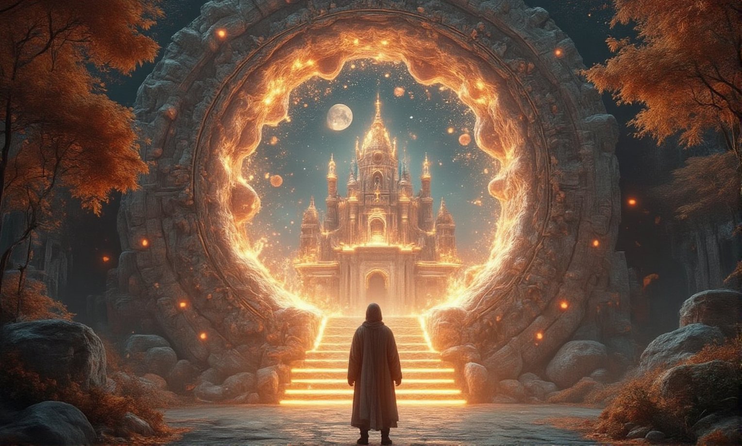 A surreal fantasy scene featuring a giant keyhole-shaped portal opening to a breathtaking,  autumn landscape. Inside the k...