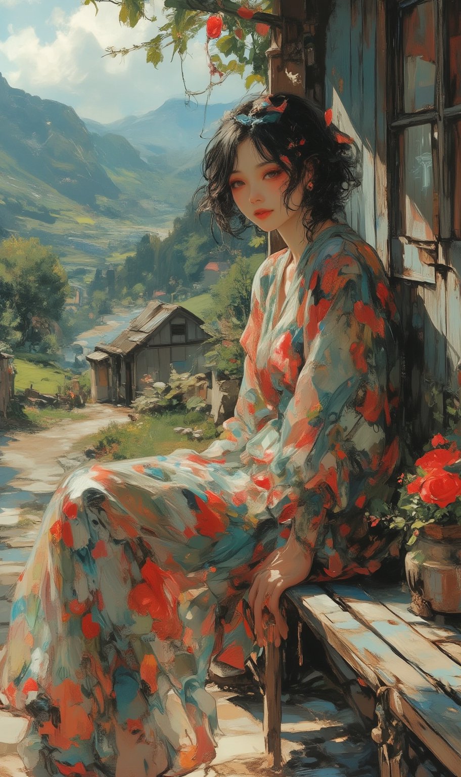 A radiant young Korean woman with short dark hair,  beaming with a warm smile,  sits confidently on a worn wooden bench ag...