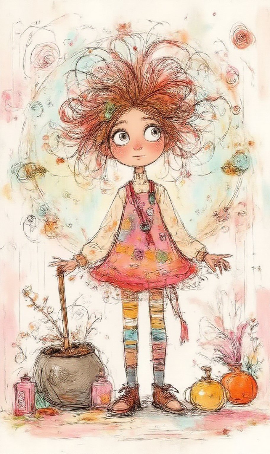 Whimsical painterly witch girl with curly,  messy hair,  cauldron by user_kk5566 on Tensor.Art