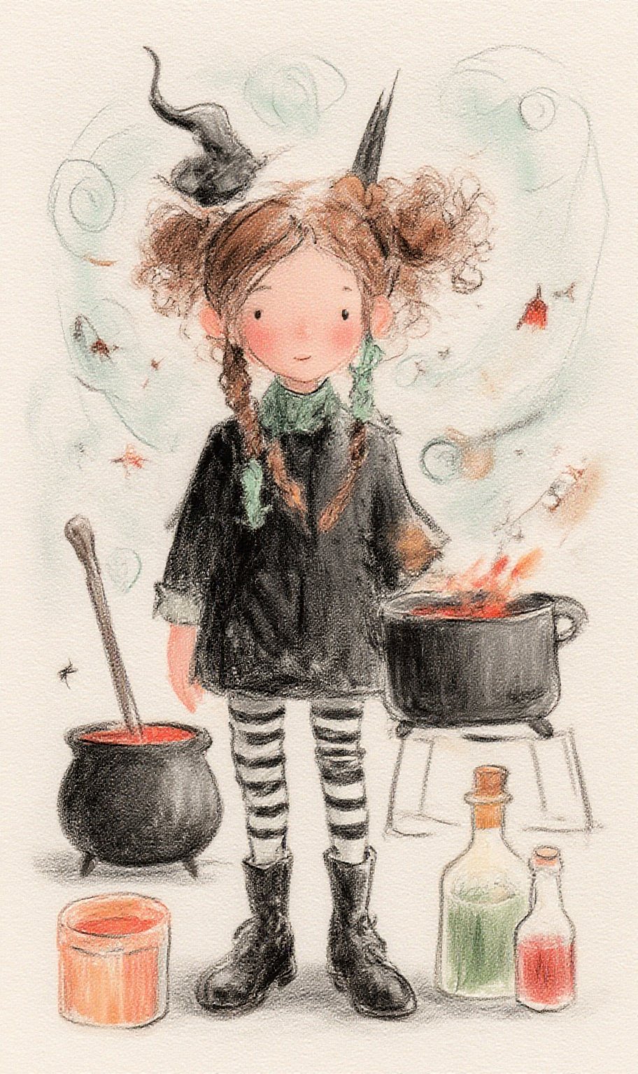 Whimsical painterly witch girl with curly,  messy hair,  cauldron by user_kk5566 on Tensor.Art