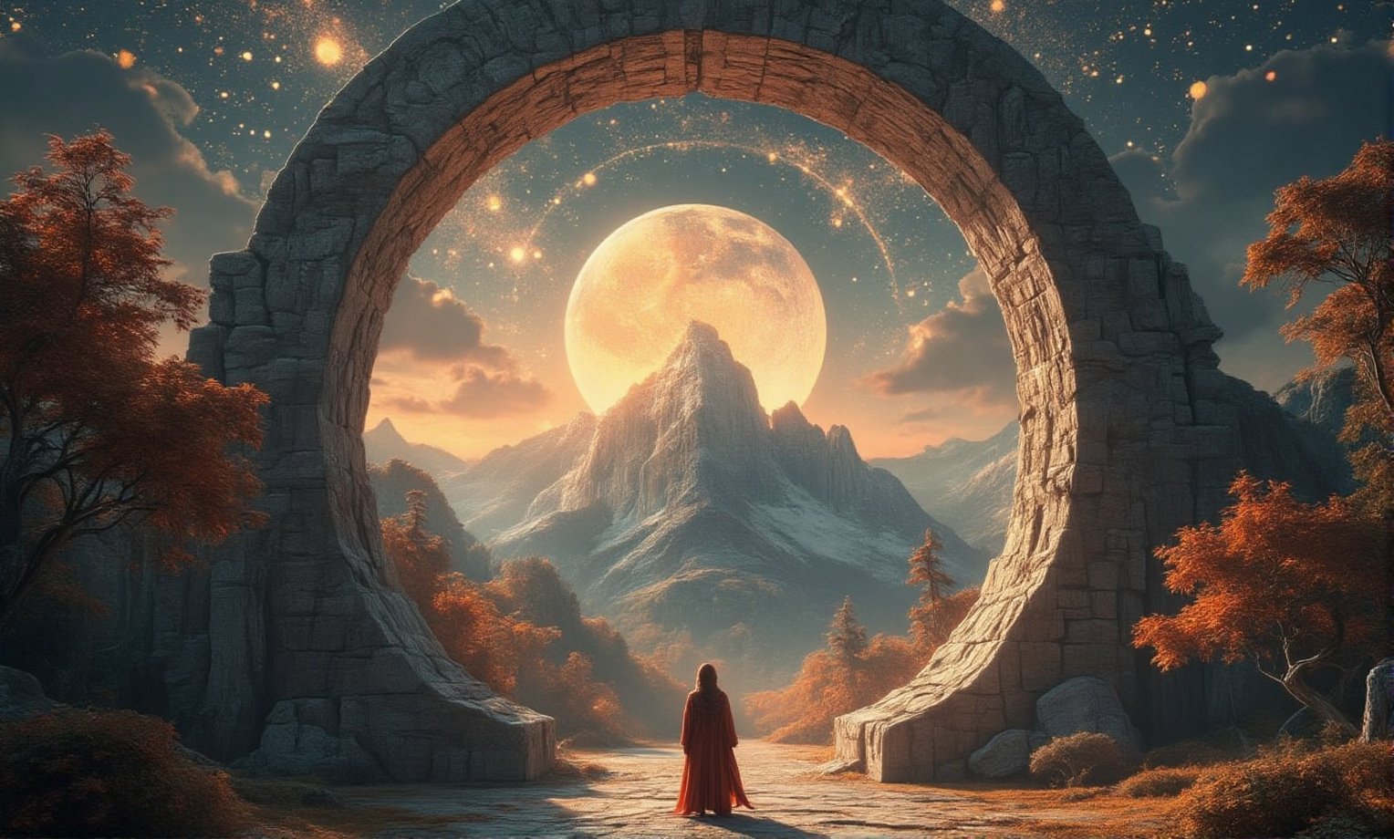 A surreal fantasy scene featuring a giant keyhole-shaped portal opening to a breathtaking,  autumn landscape. Inside the k...