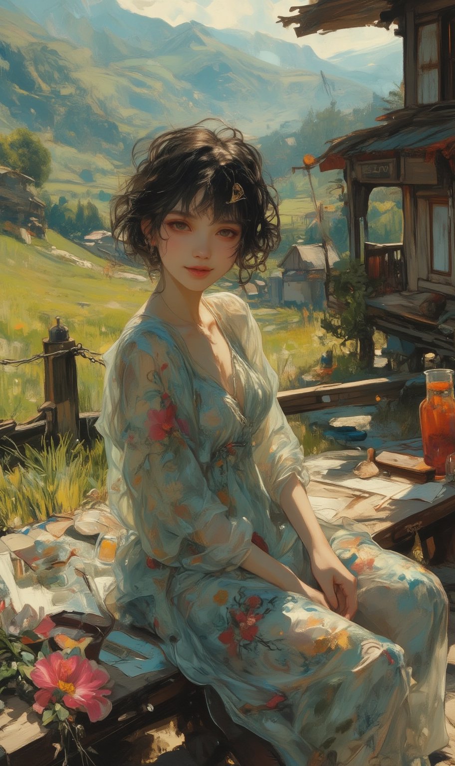 A radiant young Korean woman with short dark hair,  beaming with a warm smile,  sits confidently on a worn wooden bench ag...