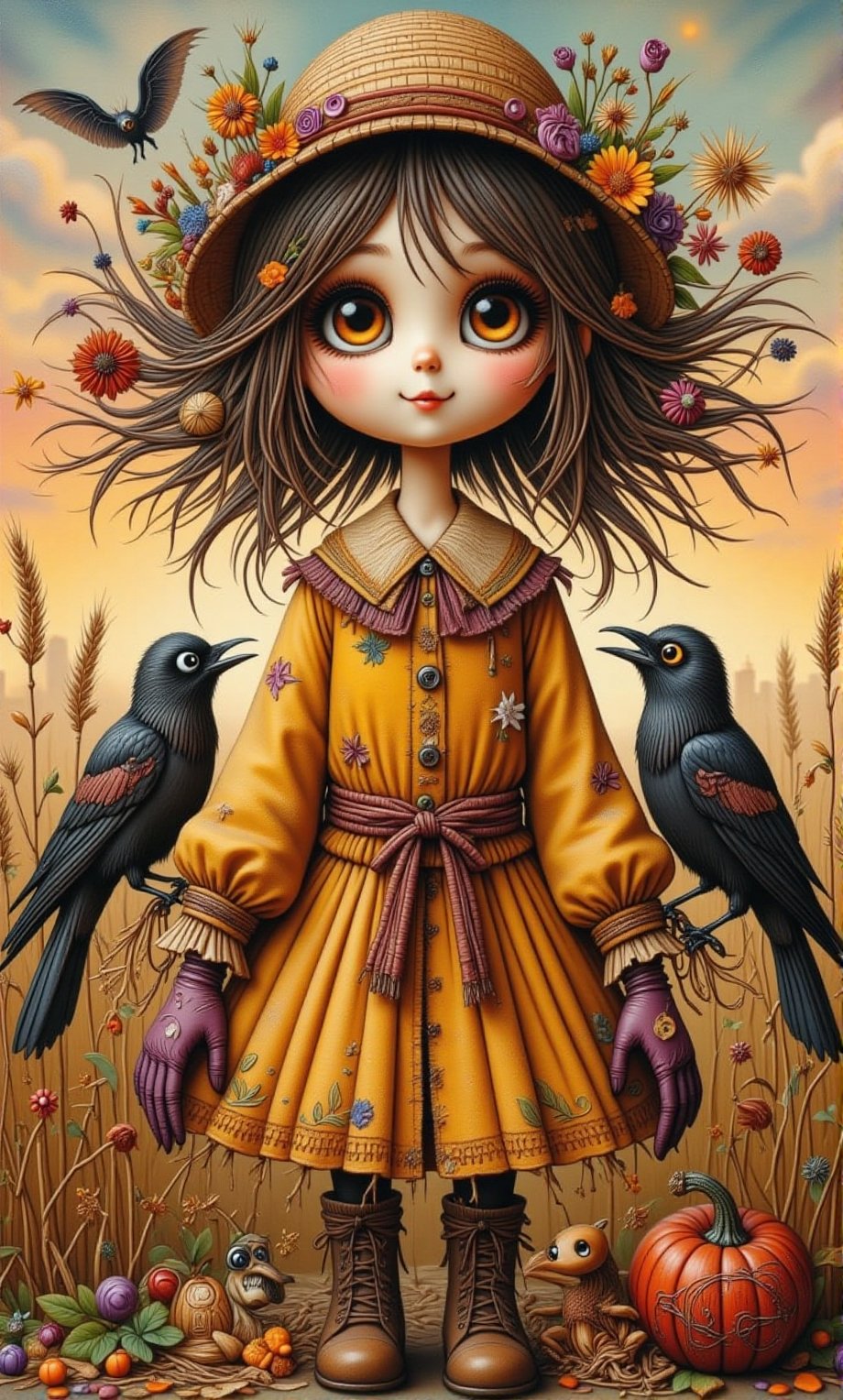 (Supernatural Portrait, Masterpiece, Dark Fantasy, Oil Painting, Painting), ,Upper body mid-shot, in the center of the frame is a litter girl dressed as a scarecrow, surrounded by a wide green barley field. The scarecrow, made of dry branches, dried flowers and straw, has a joyful expression and a happy smile, has smoky makeup, and wears an old and worn wide-brimmed straw hat that falls just below her eyebrows. She is wearing a vividly colored pearl yellow cotton shirt and purple velvet gloves, her arms are outstretched to the side, and two crows are sitting on her arms, which are very detailed and depicted. There is a sunset and natural light in the background. ,mythp0rt,Whimsical Kiko,Thriller illustration,Halloween_Figure,ZanyEyesStyle