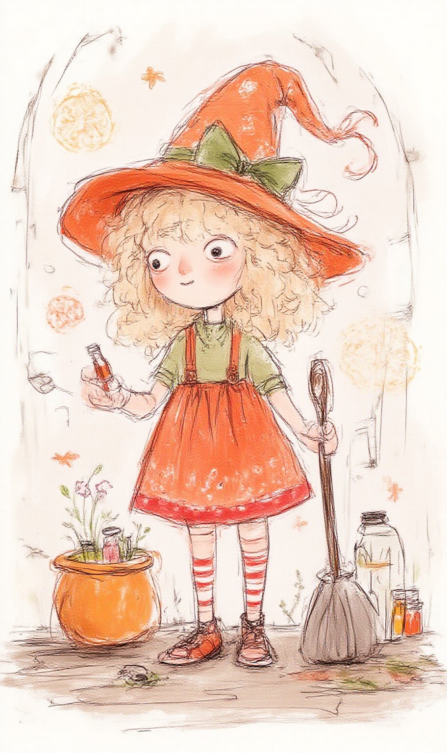 Whimsical painterly witch girl with curly,  messy hair,  cauldron by user_kk5566 on Tensor.Art