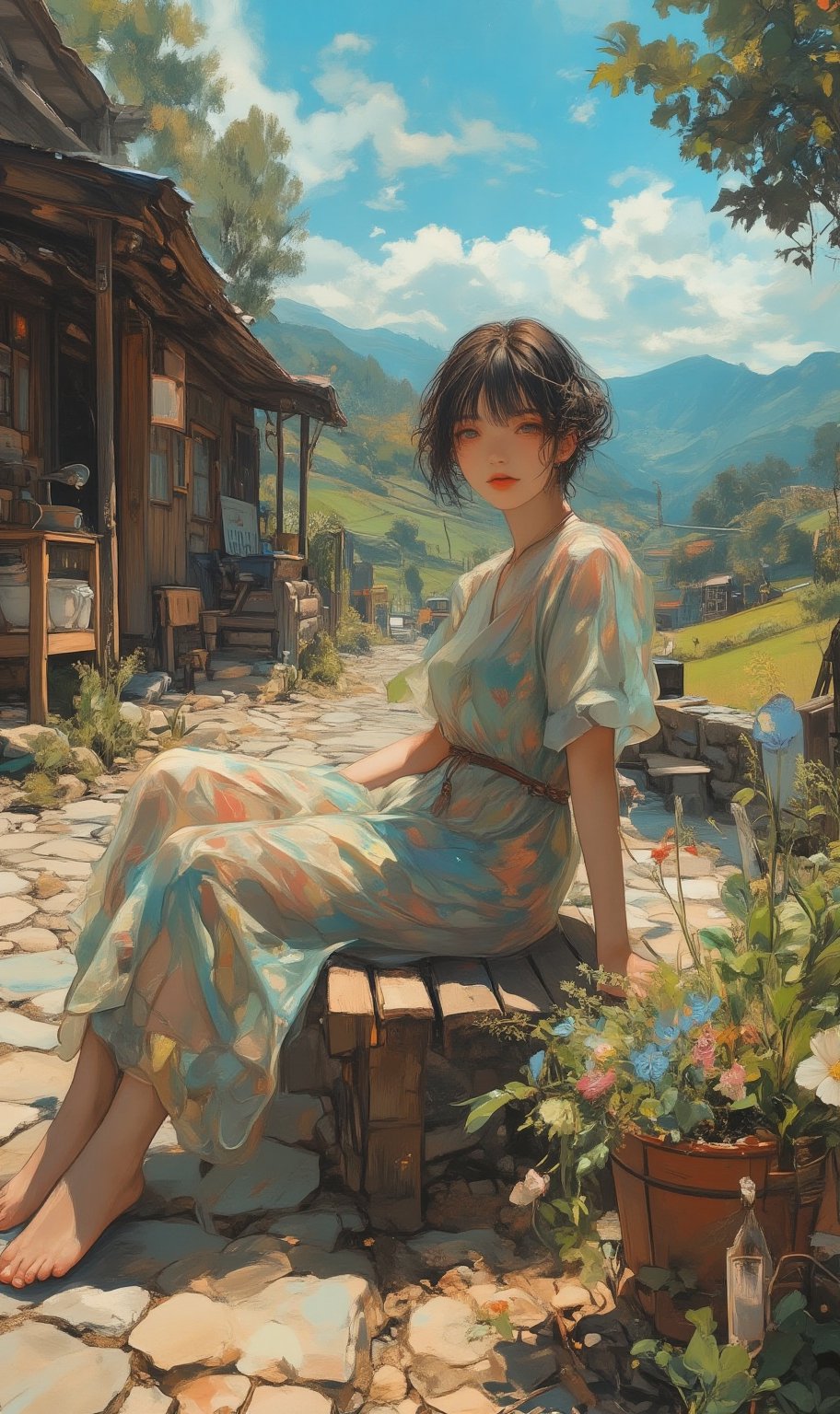 A radiant young Korean woman with short dark hair,  beaming with a warm smile,  sits confidently on a worn wooden bench ag...
