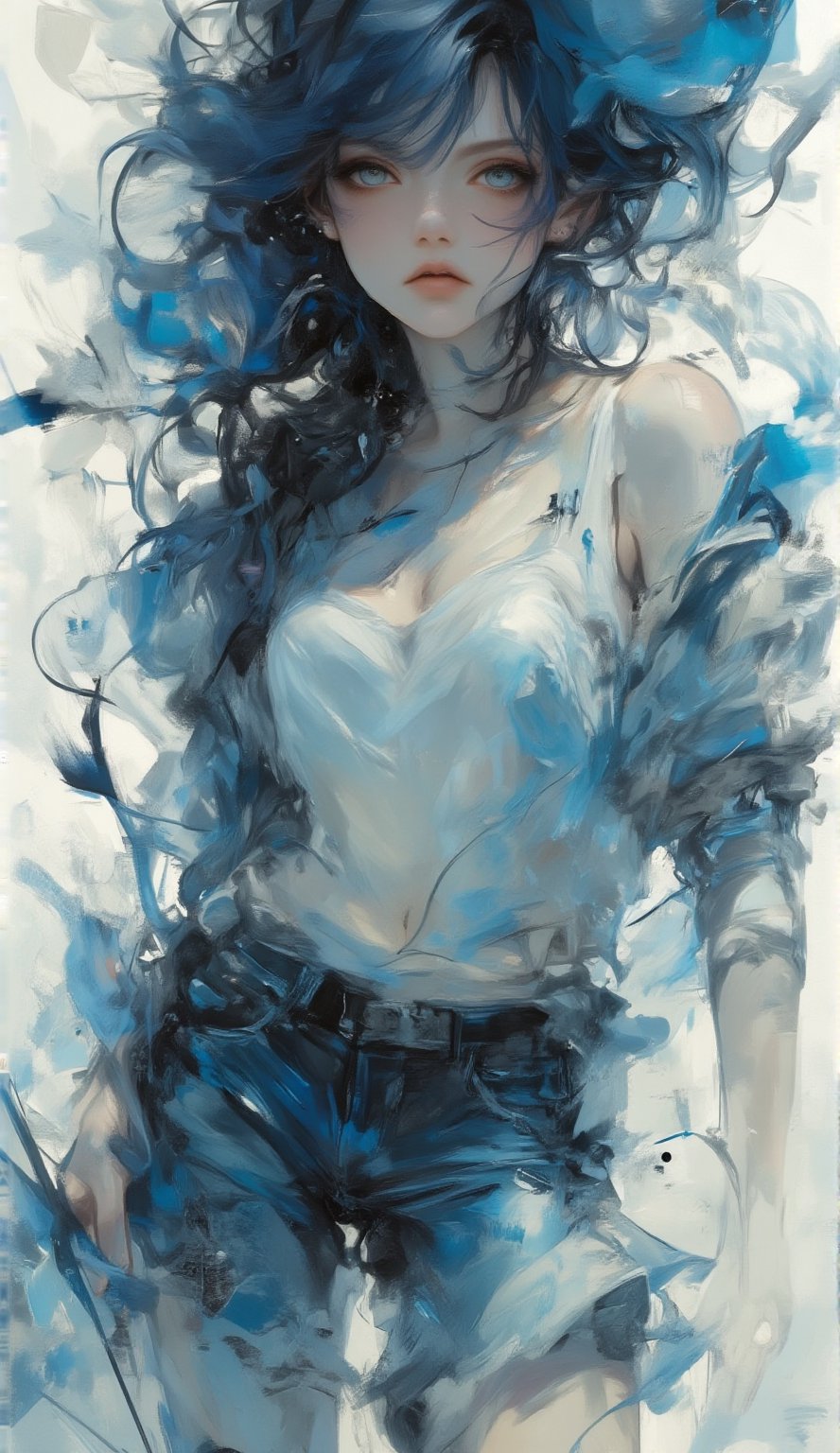 Transparent oil paint,  bold and rough,  with swirling and messy dark blue brushstrokes. Temperamental beautiful girl by u...