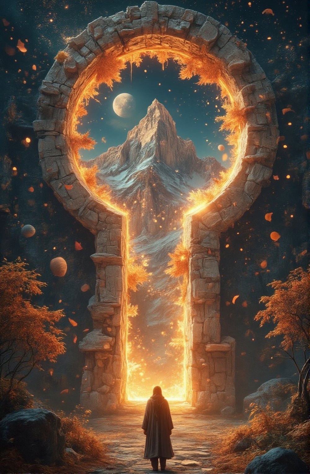 A surreal fantasy scene featuring a giant keyhole-shaped portal opening to a breathtaking,  autumn landscape. Inside the k...