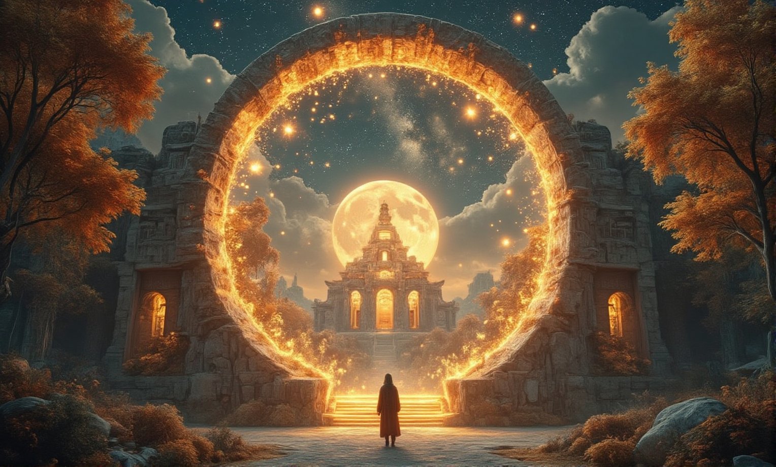 A surreal fantasy scene featuring a giant keyhole-shaped portal opening to a breathtaking,  autumn landscape. Inside the k...