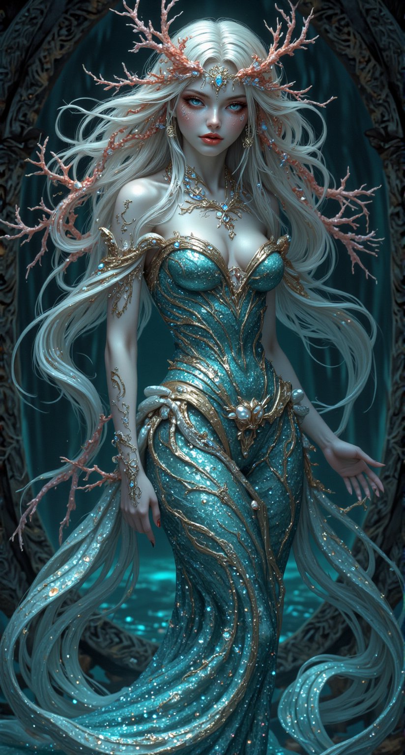 Imagine a mesmerizing female mythical creature known as the Siren of the Silver Seas. She embodies the essence of the ocean, with long, flowing hair that shimmers like the surface of water under the moonlight, infused with strands of bright coral and glistening pearls. Her skin is a soft iridescent hue, reminiscent of seashells, and her enchanting, luminous eyes reflect the deep blues and greens of the sea.,Fantasy drawing,Midjourney_Whisper,REALNIME