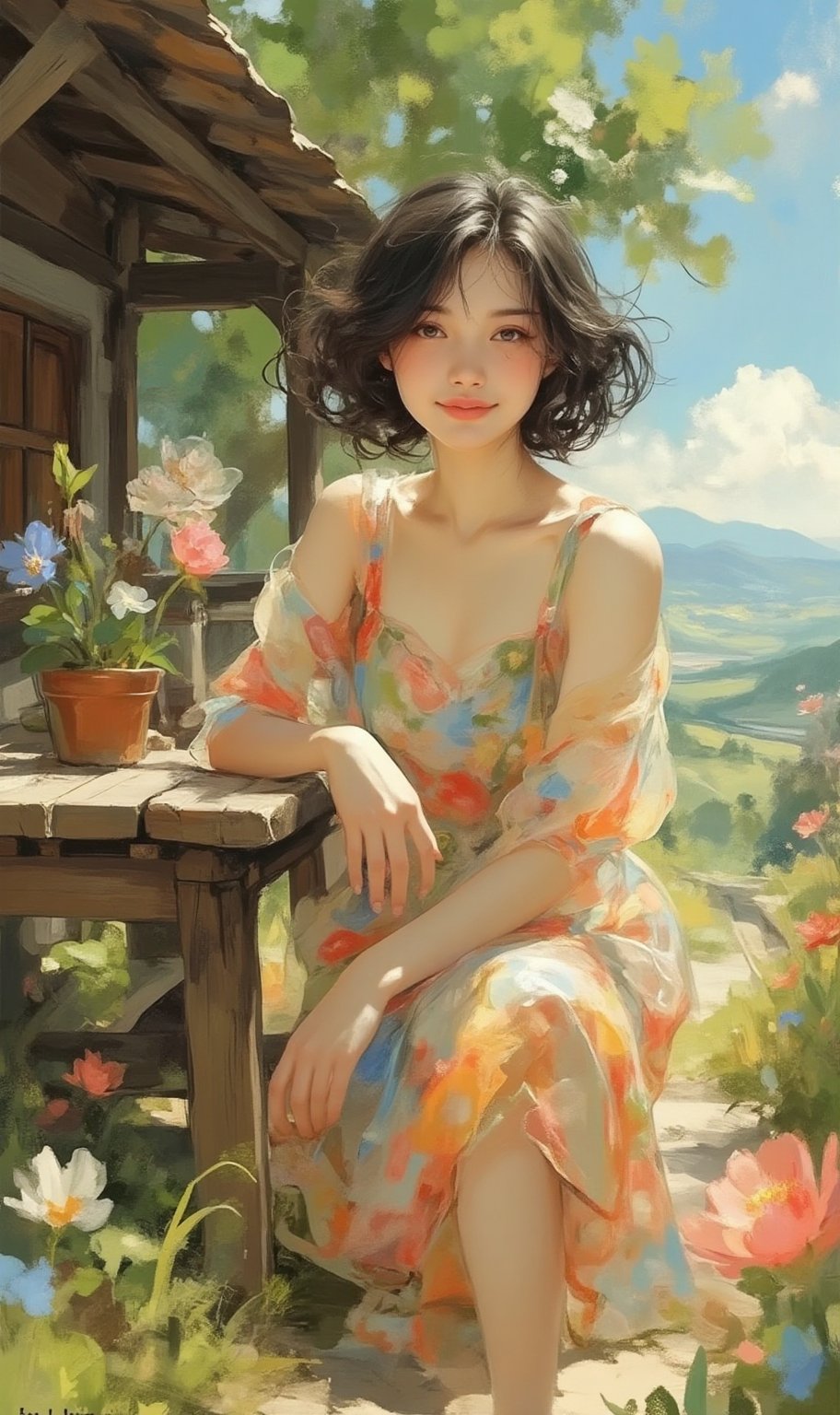 A radiant young Korean woman with short dark hair,  beaming with a warm smile,  sits confidently on a worn wooden bench ag...