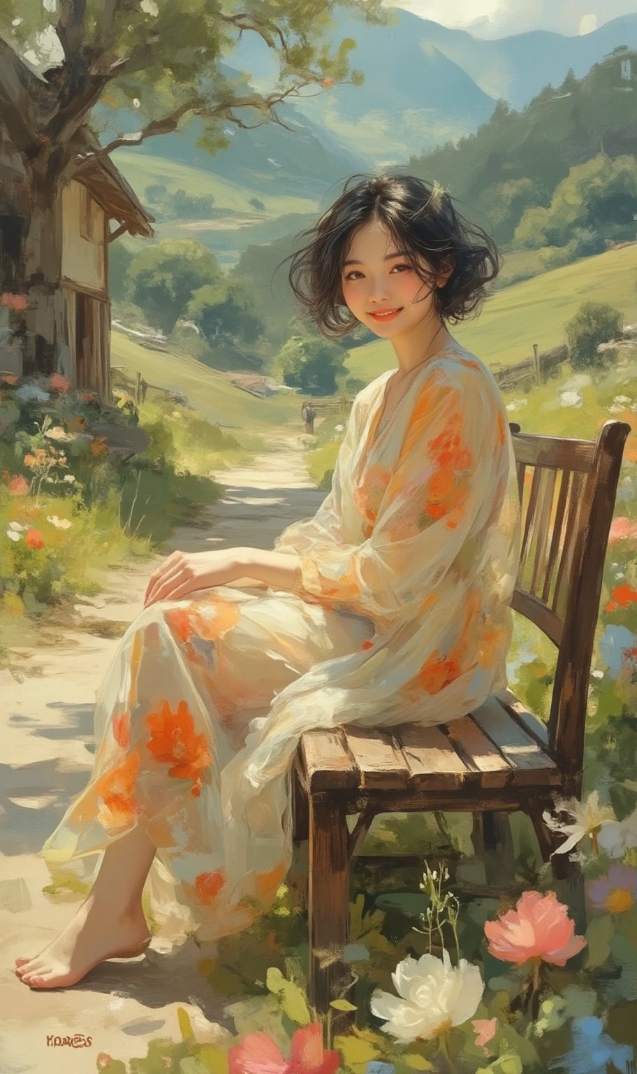 A radiant young Korean woman with short dark hair,  beaming with a warm smile,  sits confidently on a worn wooden bench ag...