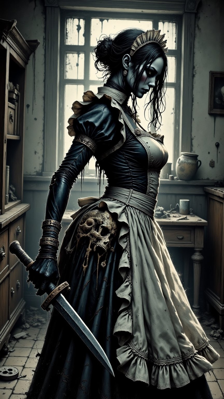A gorgeous latex maid,  stands in a dark room,  a scary intricate mask is slung to hang low by user_kk5566 on Tensor.Art